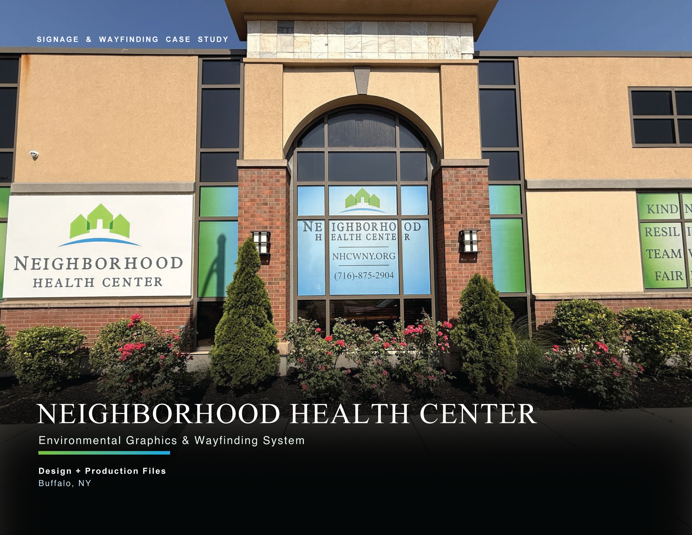 Front of a building with a sign reading 'Neighborhood Health Center' and gardening plants below the windows. The building features brick and beige exterior with a large arch window, blue sky above.