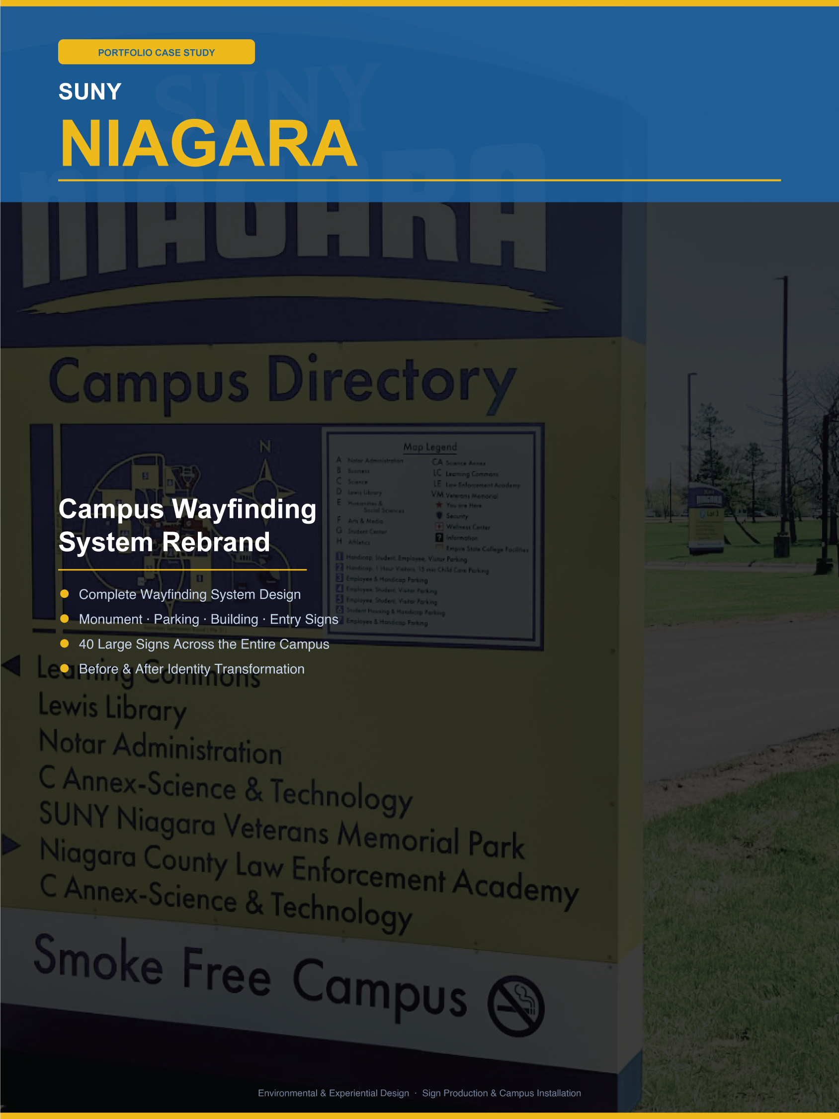 Signboard for SUNY Niagara campus with information about wayfinding system rebranding, campus features, and a no smoking symbol, located outdoors with trees and lamp posts in the background.