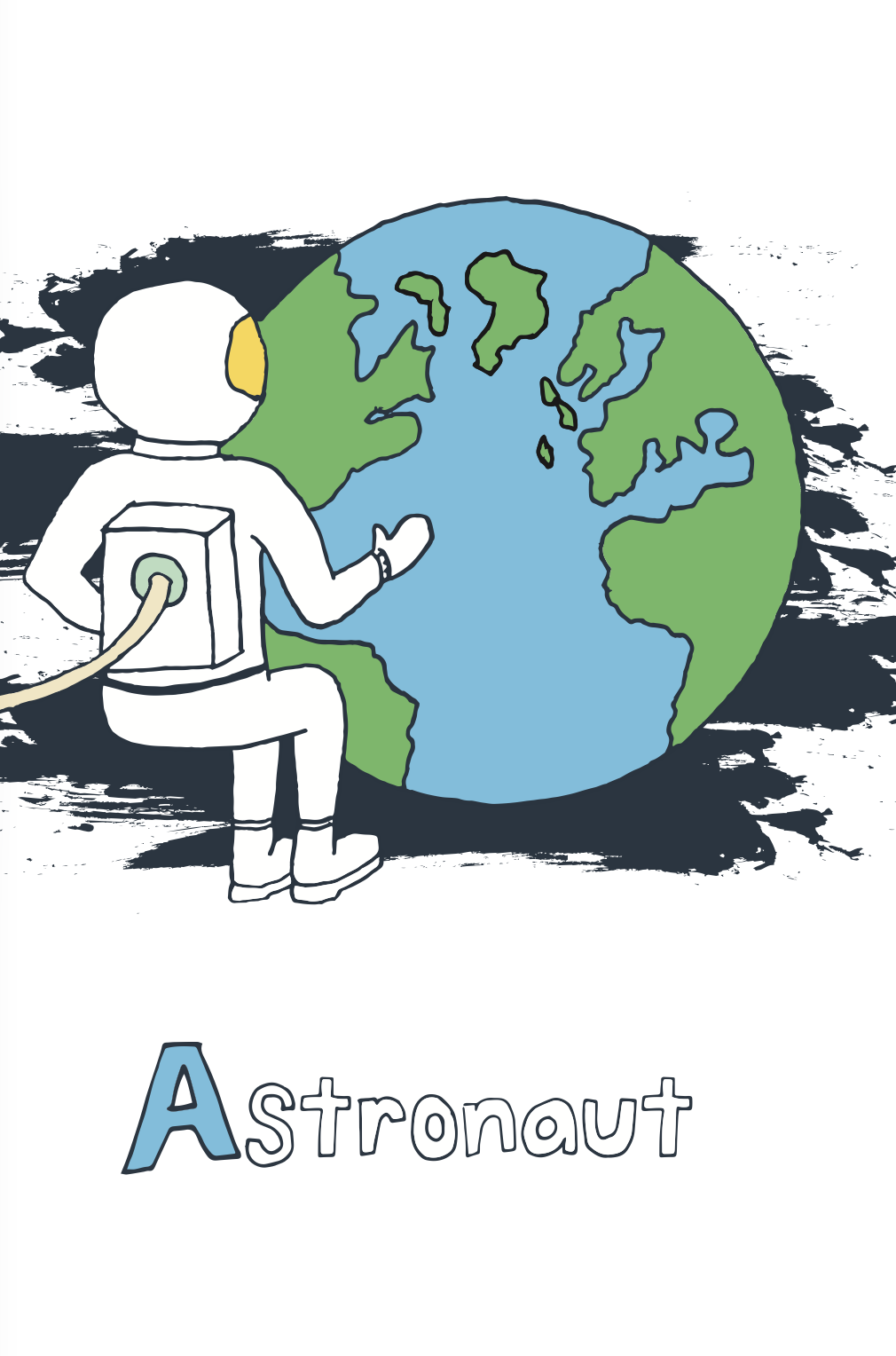 Drawing of an astronaut in a spacesuit floating in space near Earth, with the word 'Astronaut' written below.