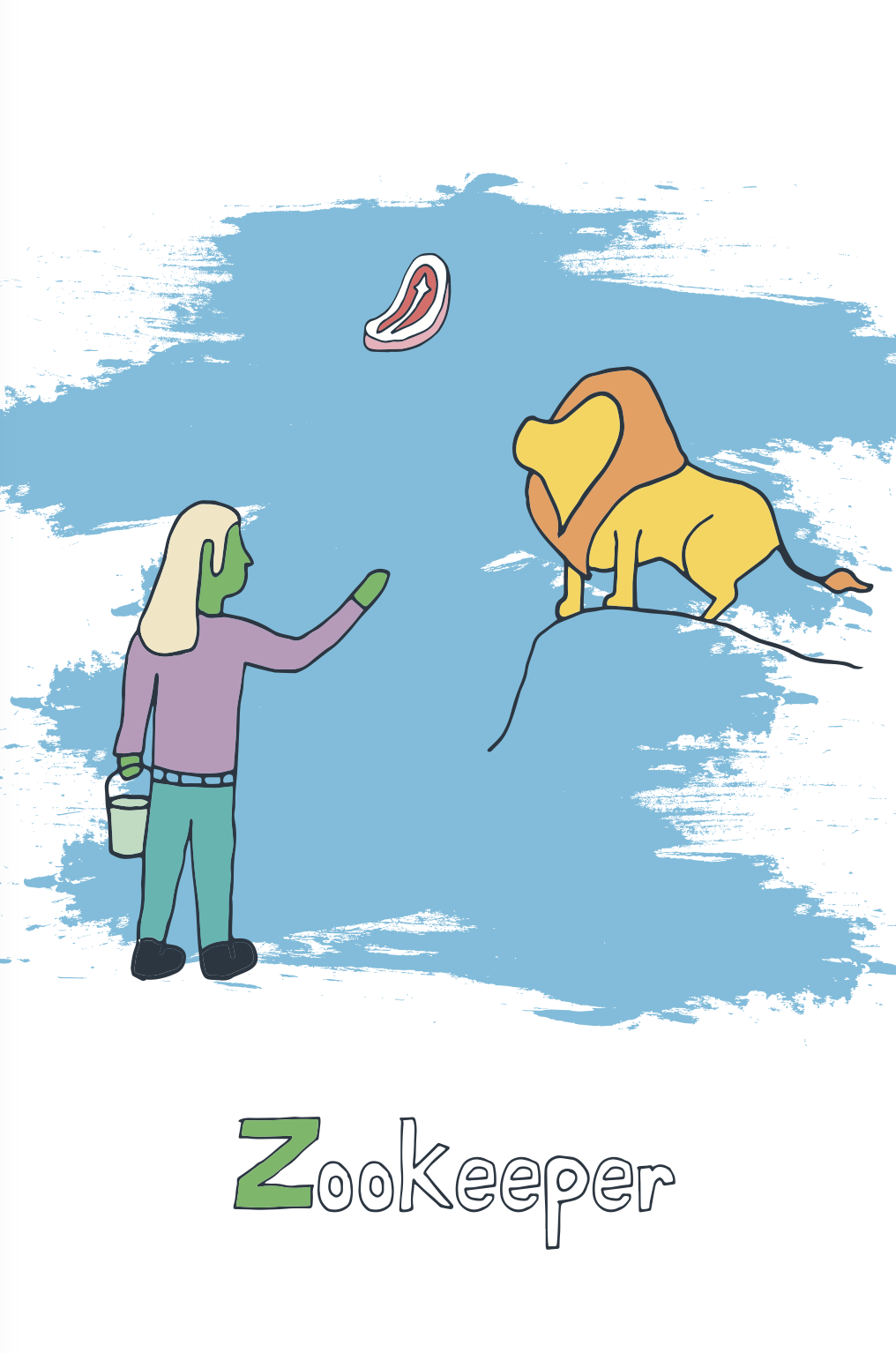 A colorful illustration of a zookeeper with green face, wearing a purple shirt, teal pants, and black shoes, holding a bucket, standing and gesturing towards a lion sitting on a rock. The lion has a yellow body and an orange mane, and a piece of meat