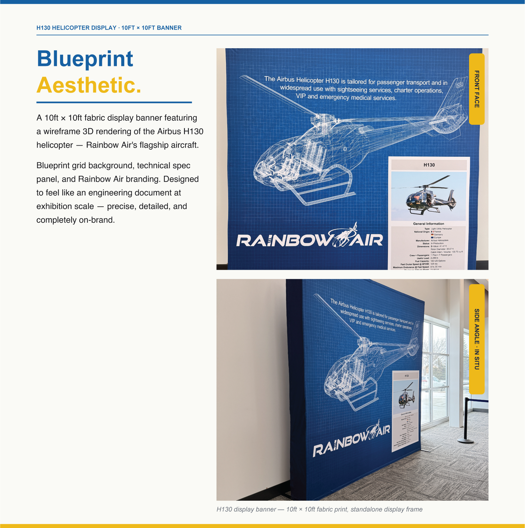 A blue display banner with a white wireframe illustration of an Airbus H130 helicopter. The banner includes technical specifications and branding for Rainbow Air, and is positioned in a room with windows and a ceiling light.