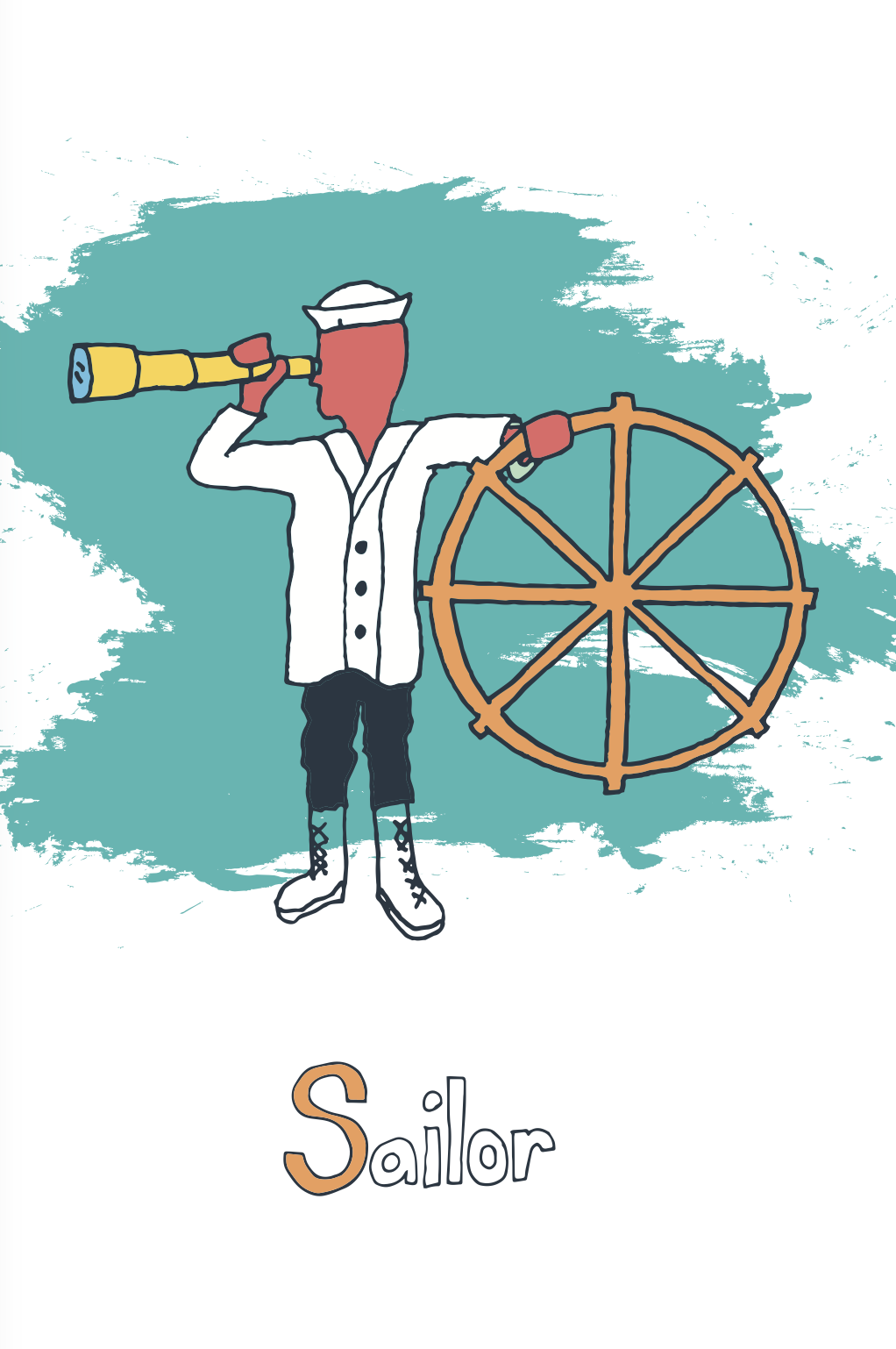 A cartoon illustration of a sailor holding a telescope and a ship's steering wheel, with the word "Sailor" written below.