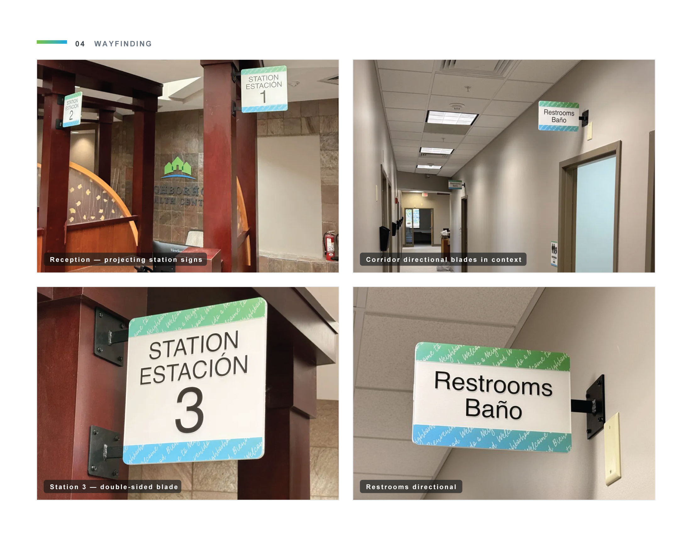 Side-by-side images of directional signs and station signs in a healthcare facility, with the left showing registration signs and the right showing restroom signs.