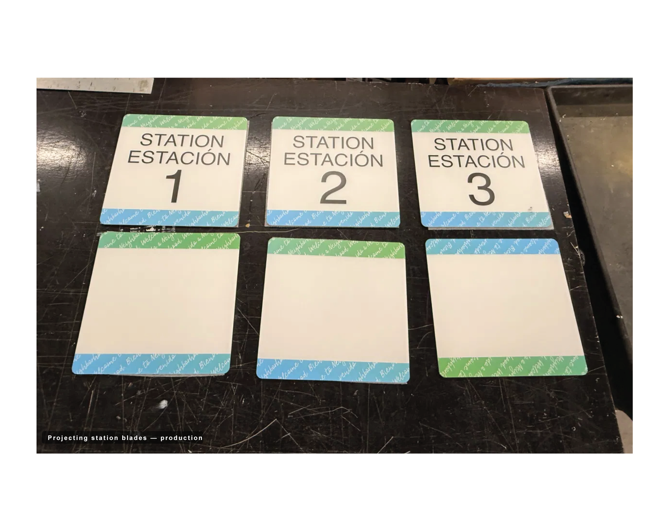 Three laminated cards labeled 'Station 1,' 'Station 2,' and 'Station 3' are laid out on a dark surface.