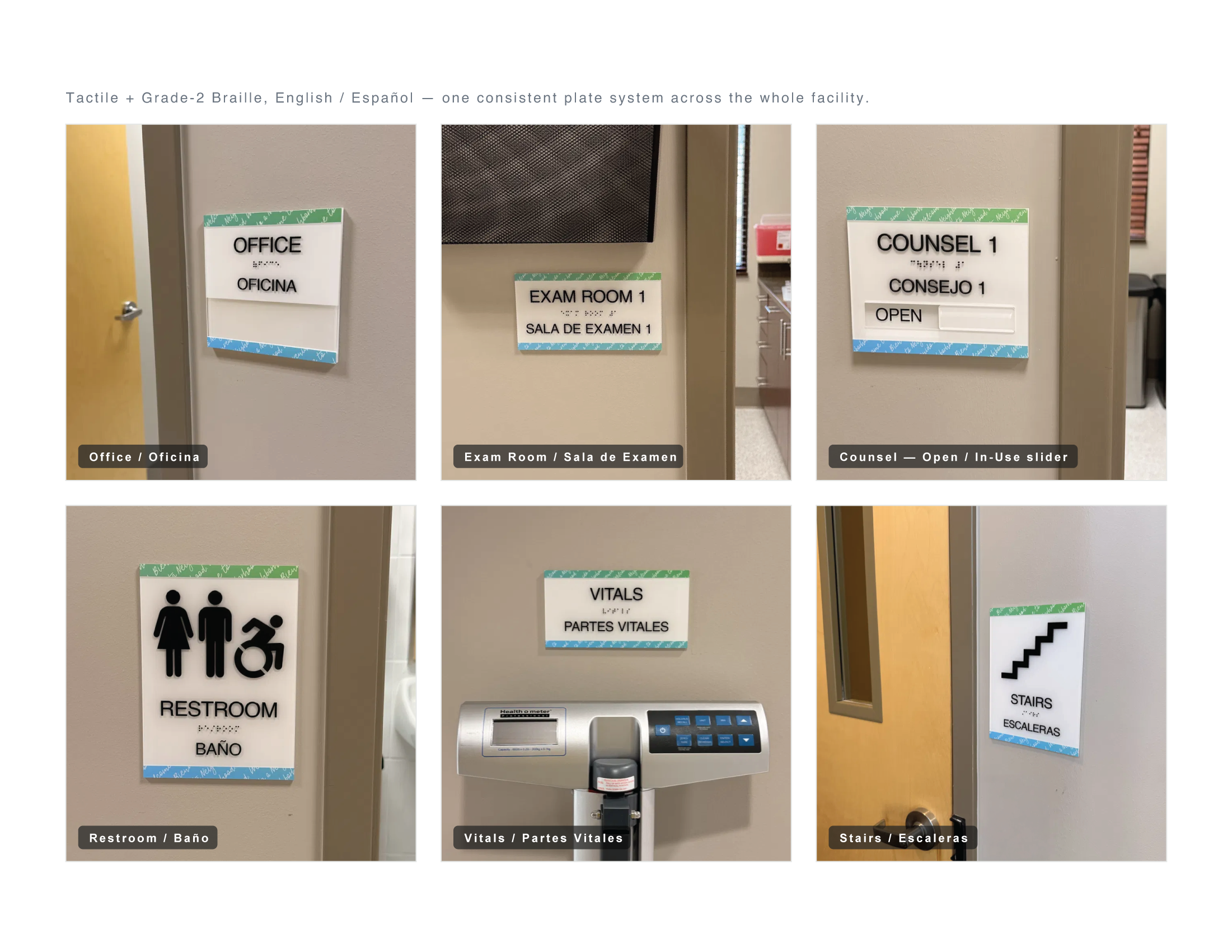 The image shows various signs for different rooms and facilities in a building, including an office sign, exam room sign, counseling room sign, restroom sign, vital sign station, and stairs sign, along with a keypad or access control device.