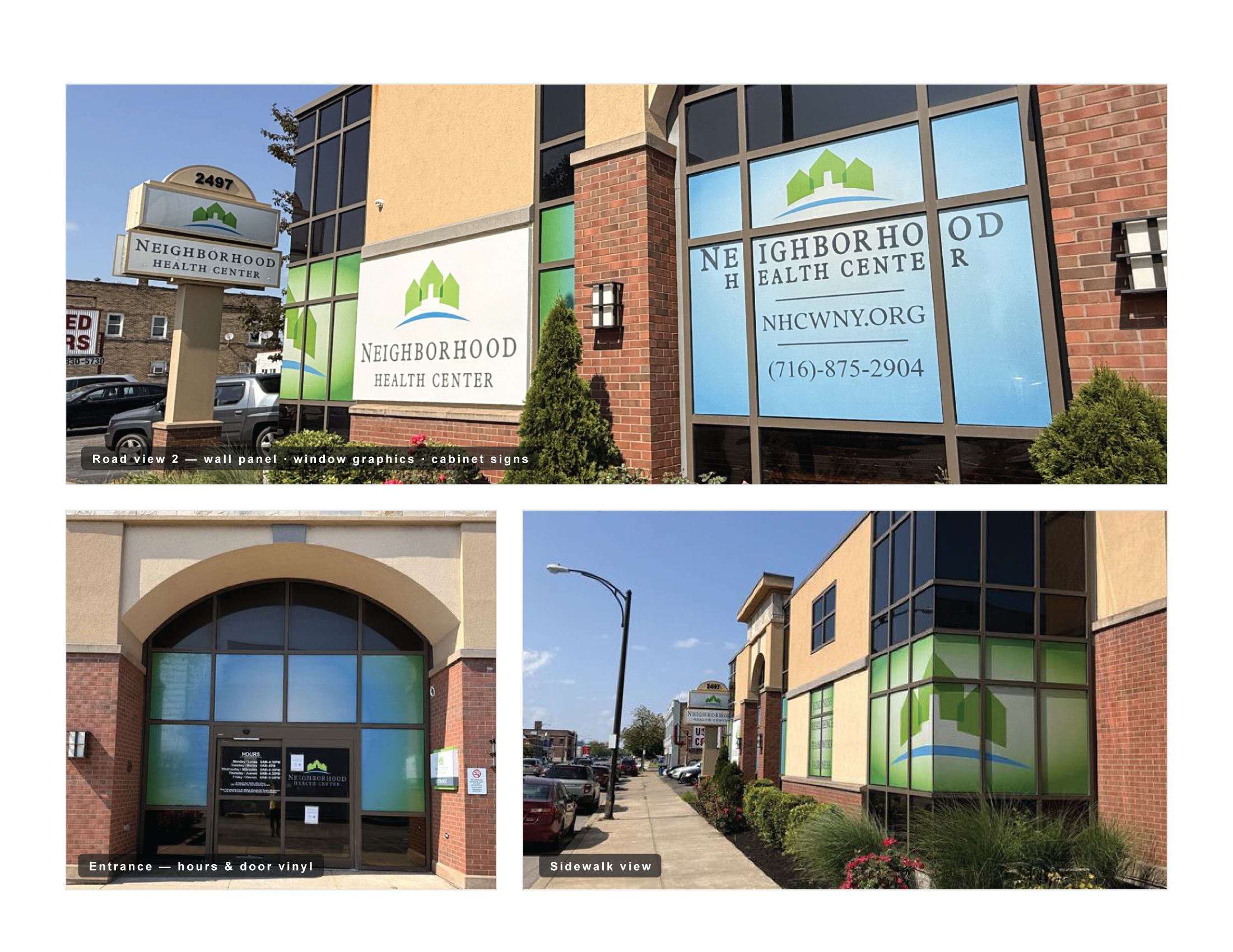 Exterior view of the Neighborhood Health Center building with signage, windows, brickwork, and a sidewalk with street lamps and parked cars.