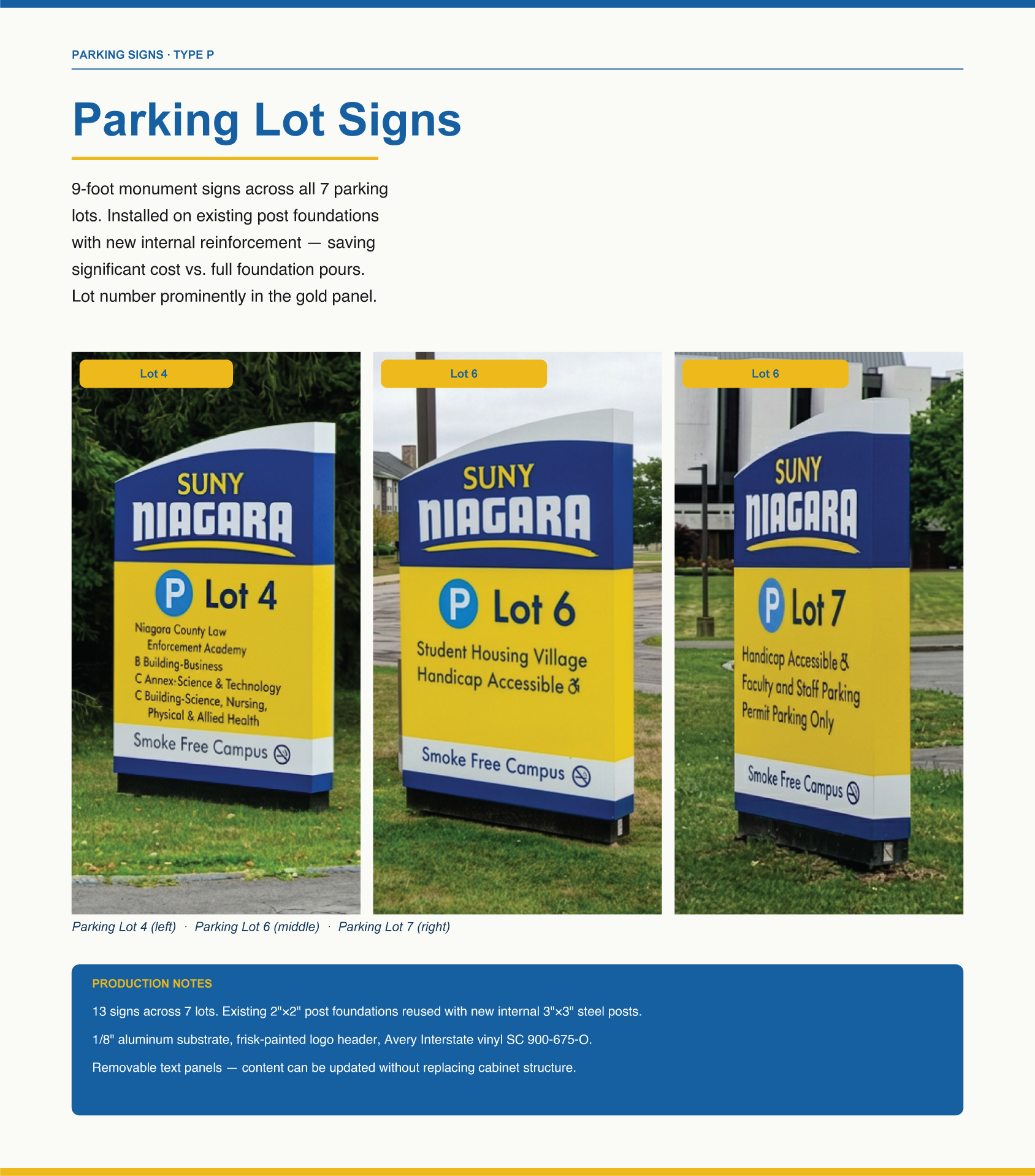 Page showing various parking lot signs for different parking lots at SUNY Niagara, including Lot 4, Lot 6, and Lot 7, with details about each lot's facilities and features.
