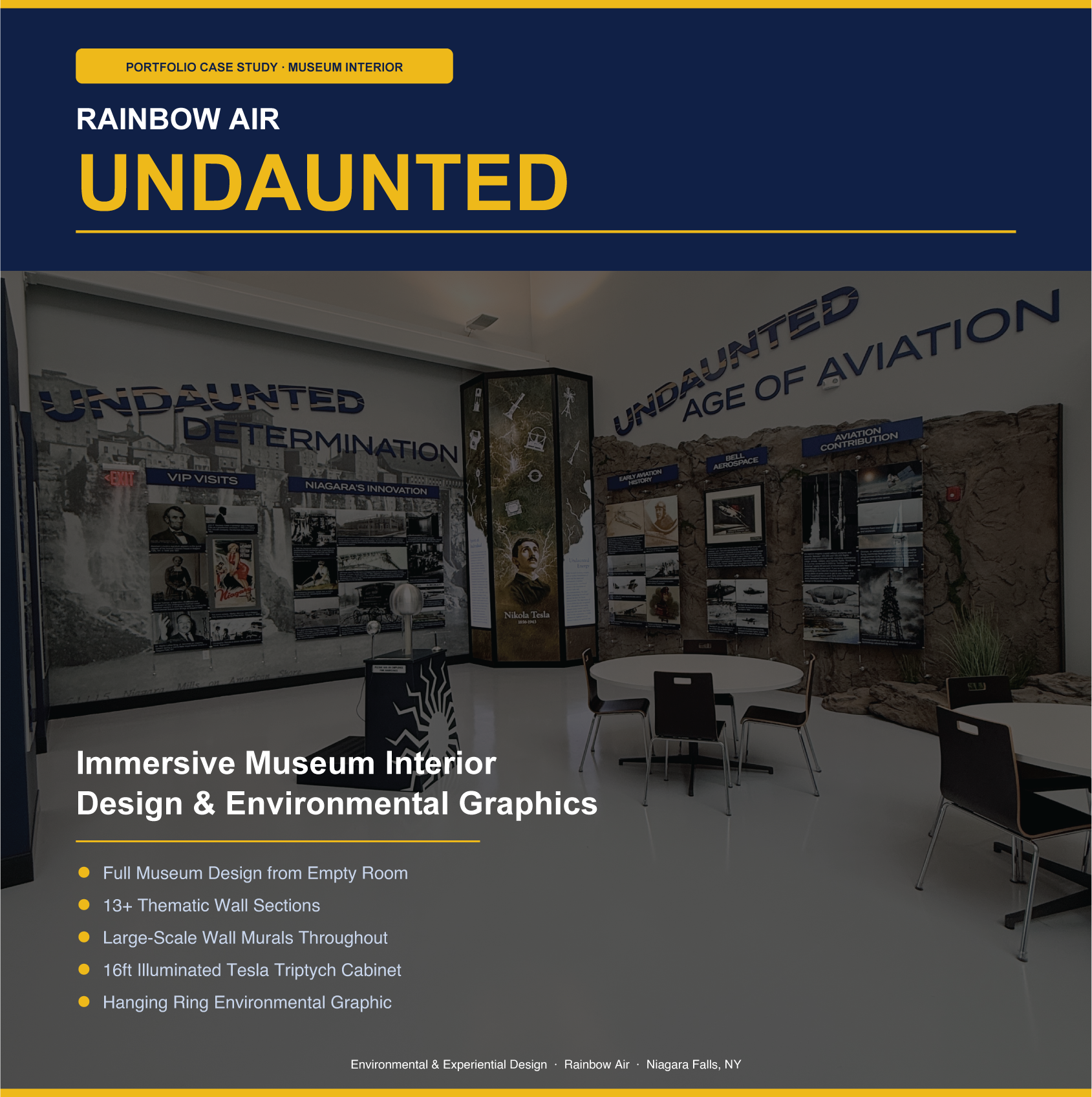 Exhibit display inside a museum showcasing the history of undaunted aviation, with informational panels, wall murals, and a Tesla triptych cabinet.