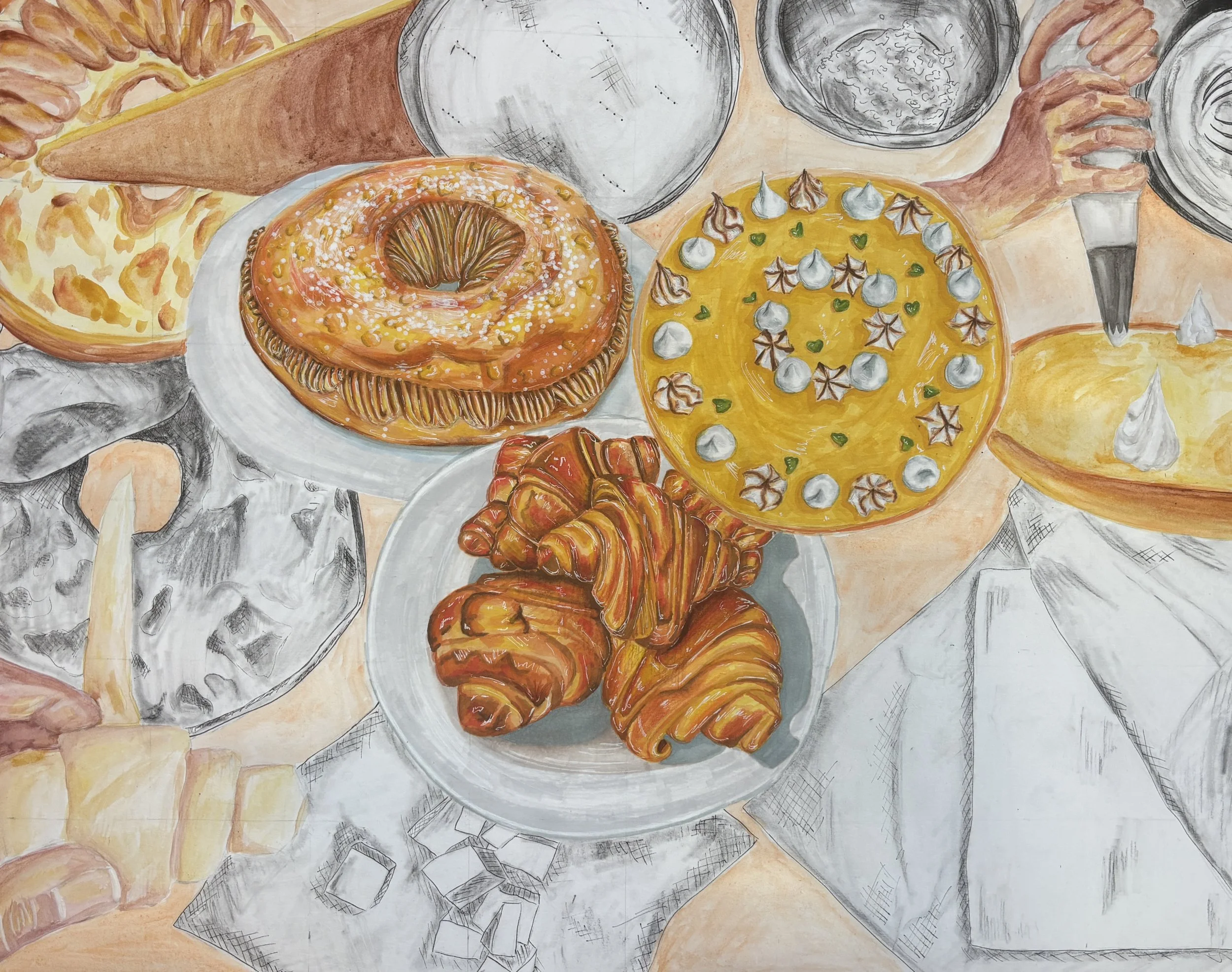 A colorful illustration of various desserts on plates, including a donut, croissants, cakes, ice cream cones, and pies, with some items partially colored and others sketched in black and white.
