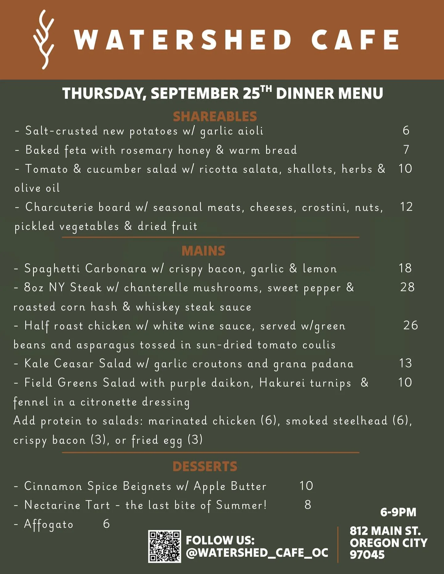Dinner is on TONIGHT from 6-9 at Watershed! It&rsquo;s a beautiful Fall day and the patio will be open. We have $10 signature cocktails, $8 wine and cider by the glass and $5 pints. A fun dinner menu is planned, so whether you&rsquo;re looking for a 