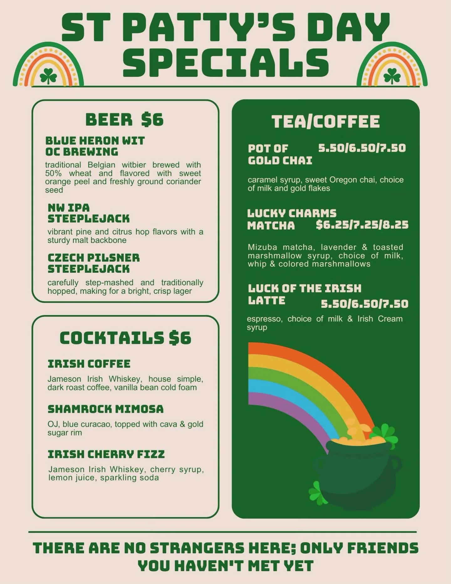 ☘️Happy St. Patty&rsquo;s Day to those who celebrate! ☘️

We&rsquo;ll see you at the Watershed for specials on beer, select cocktails and tea/coffee beverages. 

🌈 Open 7am-2pm, Tuesday, March 17th 🌈