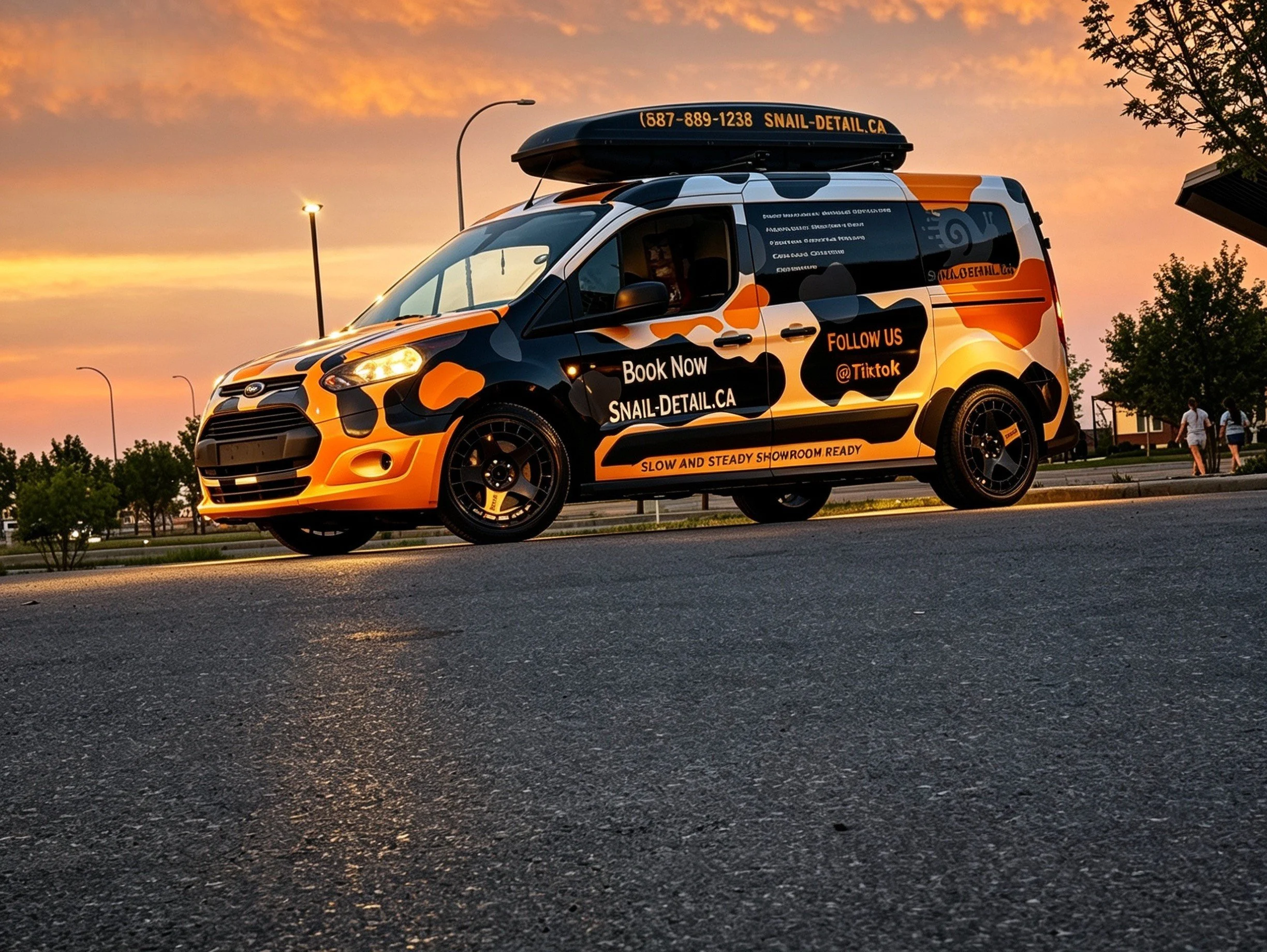 A colorful vehicle parked outdoors during sunset, advertising Snail-Detail.ca with a phone number and social media information on its side and a roof box.