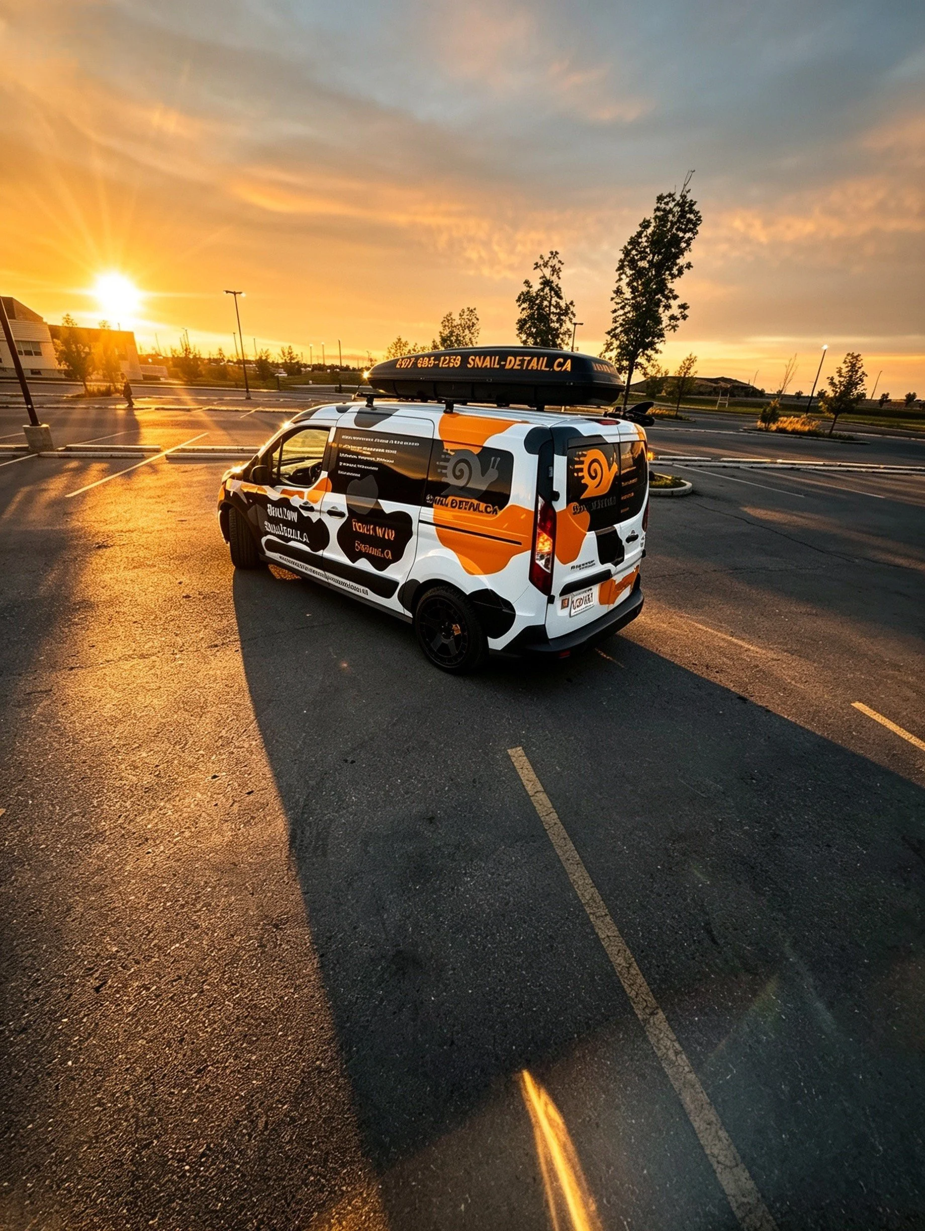 A small box truck parked in an empty parking lot during sunset. The truck has vibrant orange, black, and white graphics and a rooftop cargo carrier with a website URL and phone number. The parking lot is illuminated by the setting sun, with a few trees and streetlights in the background.