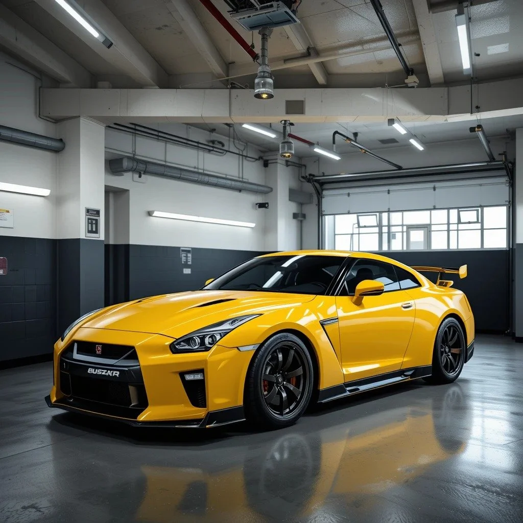 Yellow Nissan GT-R sports car parked inside a garage with industrial lighting and a large garage door in the background.