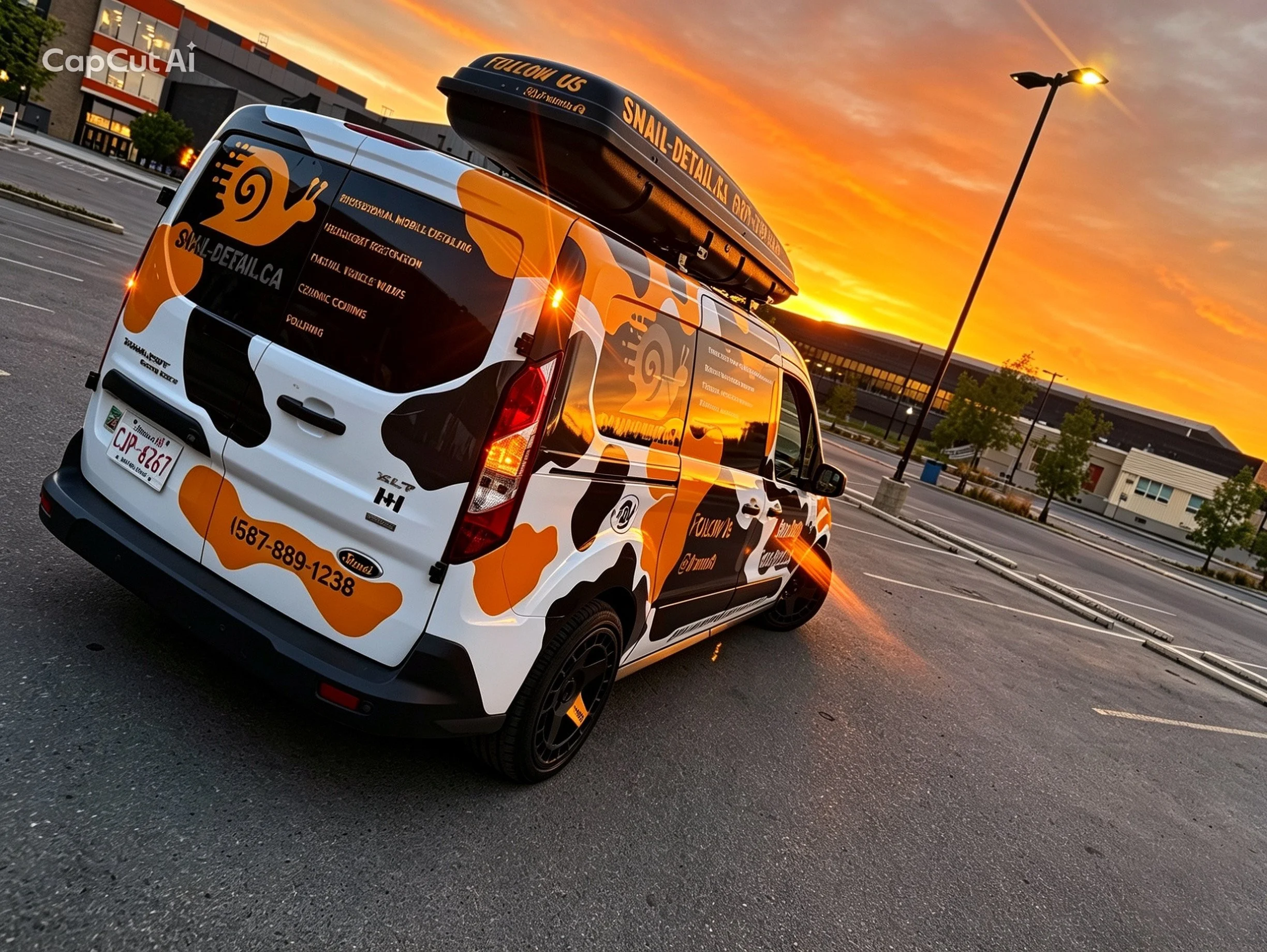 Purple van with camouflage design and branding for a detailing service, parked in an empty parking lot during sunset, with a large building and trees in the background.