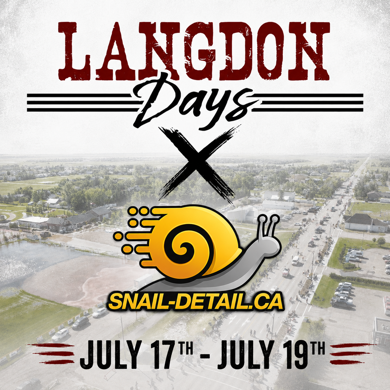 Poster for Lardon Days event from July 17 to July 19, featuring a snail graphic and website snail-detail.ca, over an aerial view of a town.