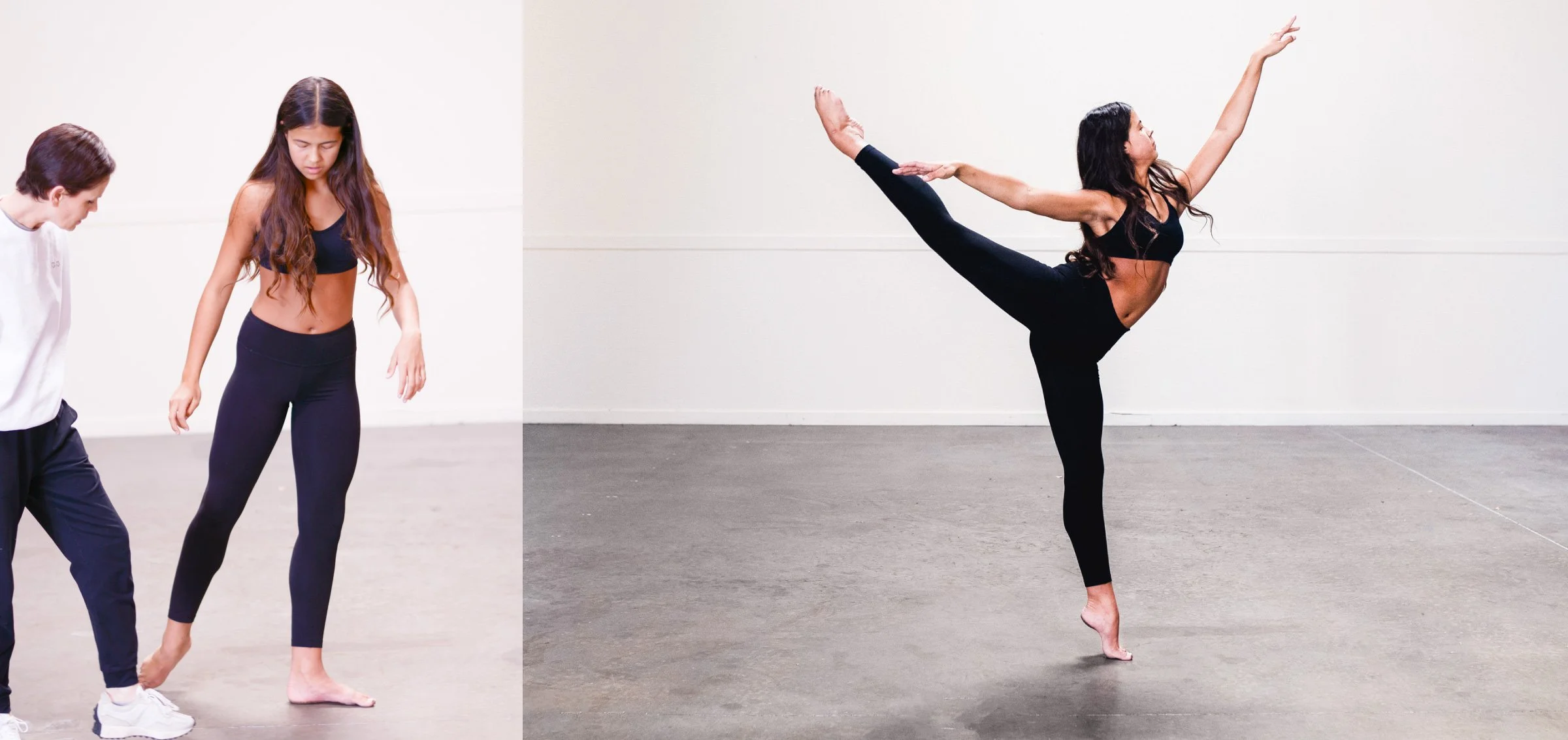 Dancer performing an arabesque in dance studio with Studio J Dance logo -Studio-J-Dance-Collective-brea-fullerton-ballet-competition-team-dance-studio