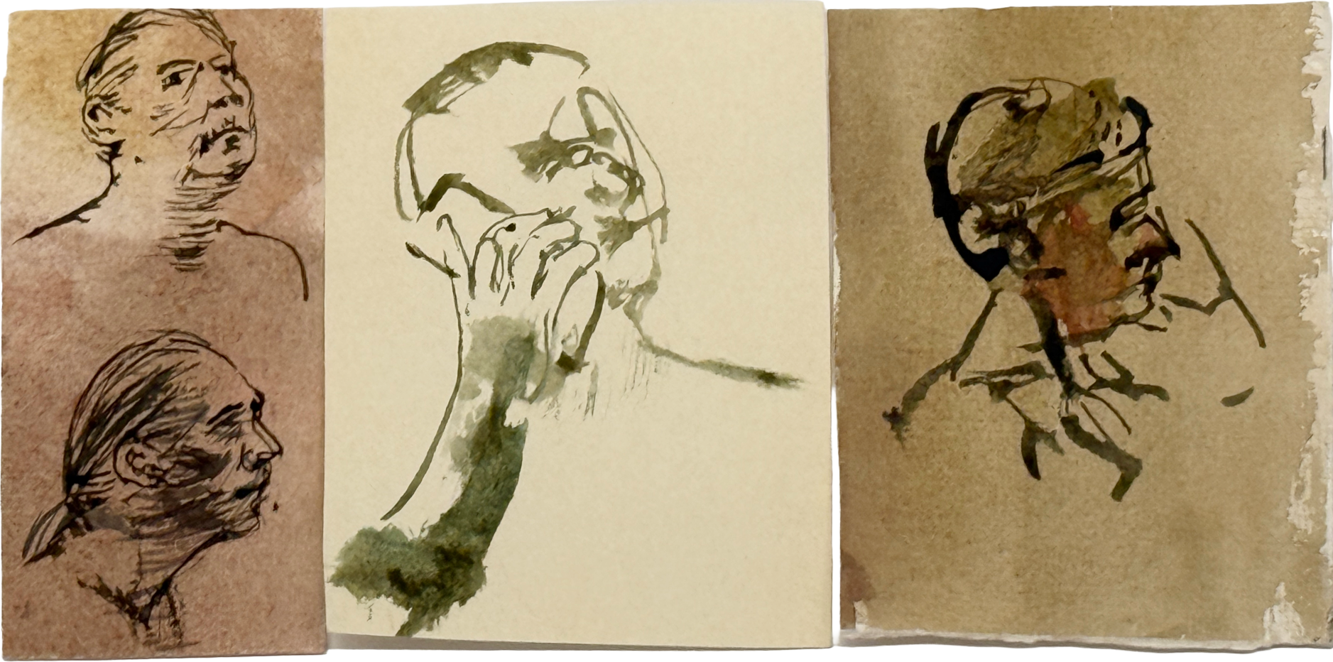 fragmented studies triptych, 2026, watercolour on paper — 4 x 9.5 in. Copyright © 2026 V. A. Stusiak