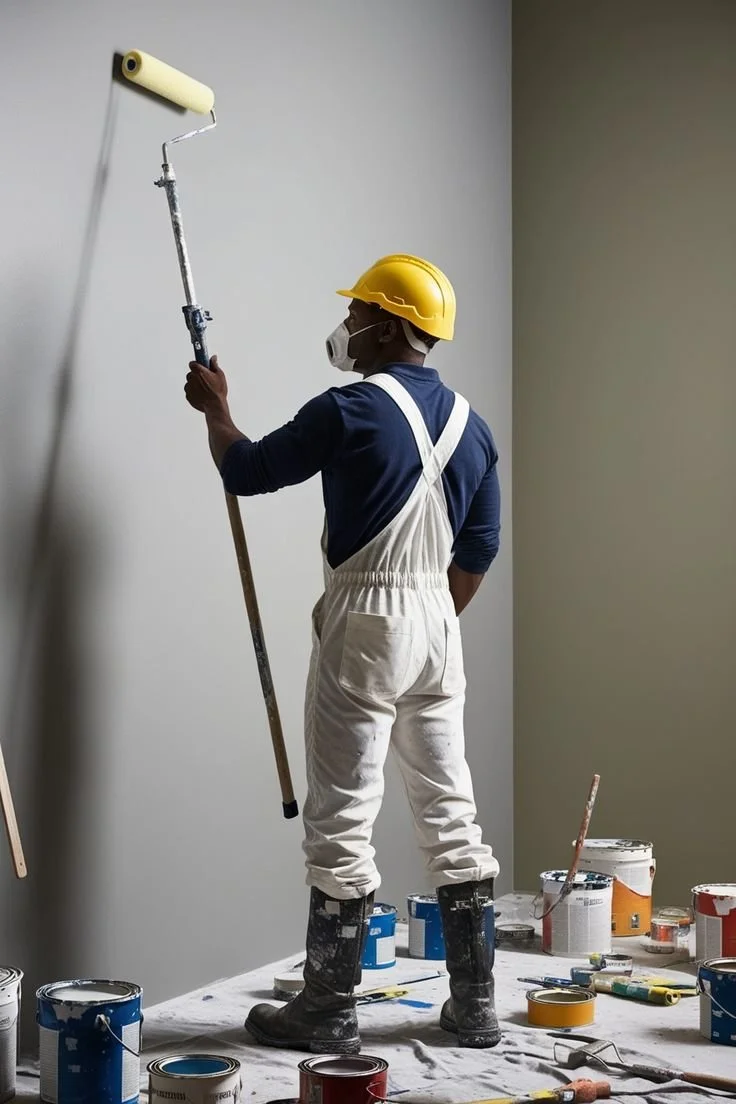 A worker wearing a yellow safety helmet, face mask, white overalls, and black boots painting a wall with a roller on an extension pole.