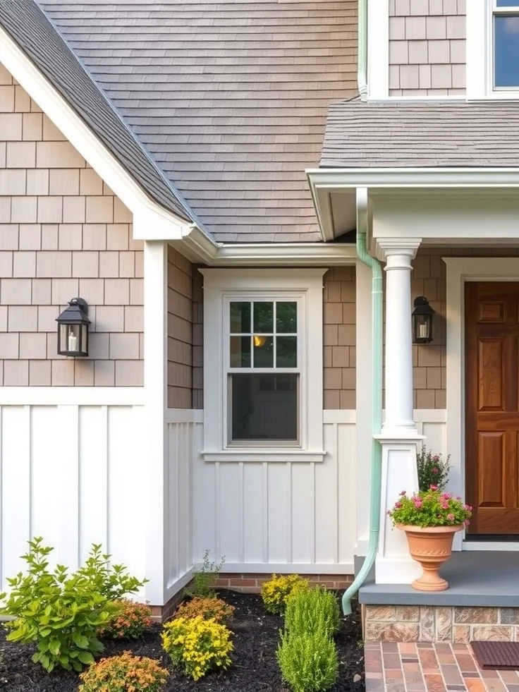Close-up of a house front showing a beige shingle siding, white window, porch columns, potted flower, and garden plants.