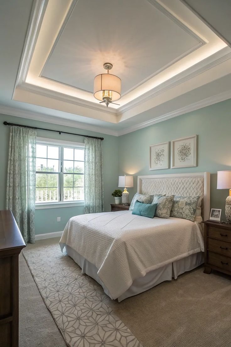 Bright bedroom with light blue walls, a large window with patterned curtains, a white bed with decorative pillows, wooden nightstands with lamps, and framed artwork above the headboard.
