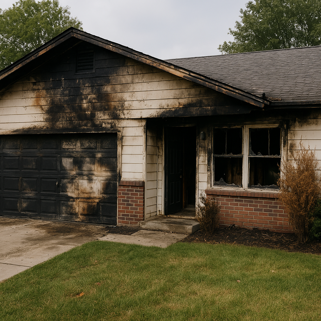House with extensive fire damage and charring on the exterior walls, windows, and garage door, with burnt grass and soot.