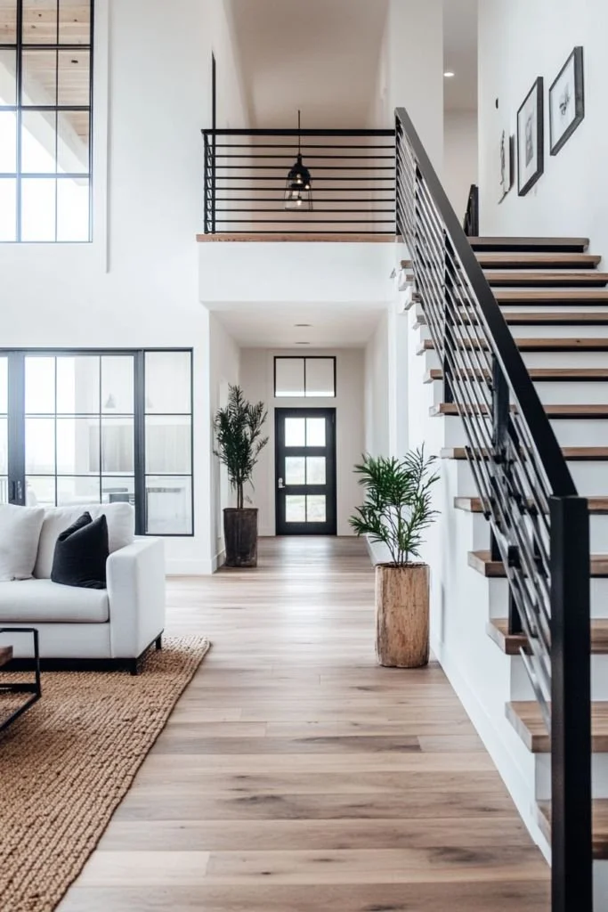 Modern living room with white walls, hardwood floors, black-framed windows, a black staircase railing, and potted plants on wooden planters near the front door.