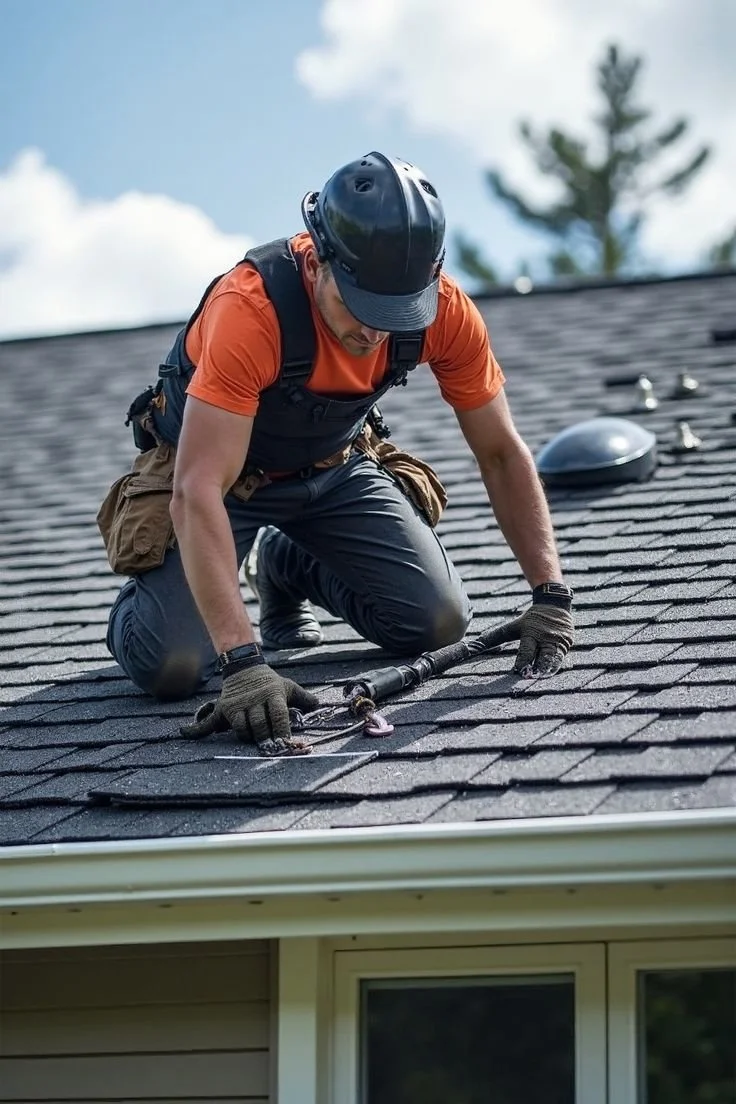 A worker wearing a safety helmet and gloves repairing or inspecting the roof of a house during the daytime.