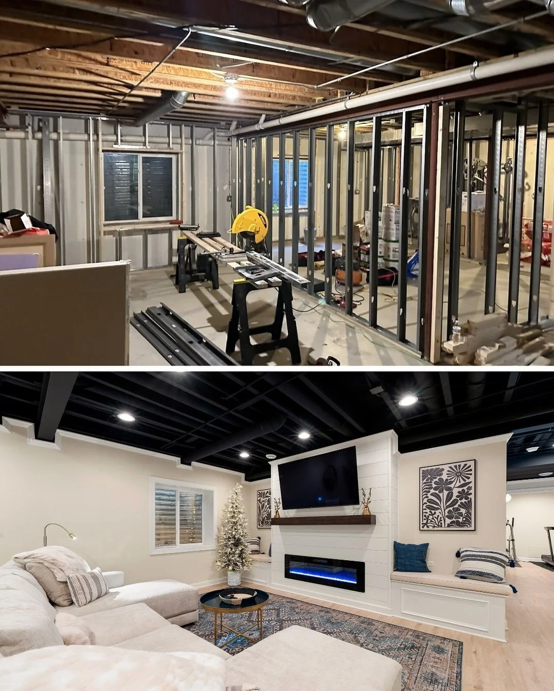 The top image shows a room under construction with exposed framing, a window, and construction tools. The bottom image shows a finished living room with a white fireplace, mounted TV, cozy seating, and decorative wall art.