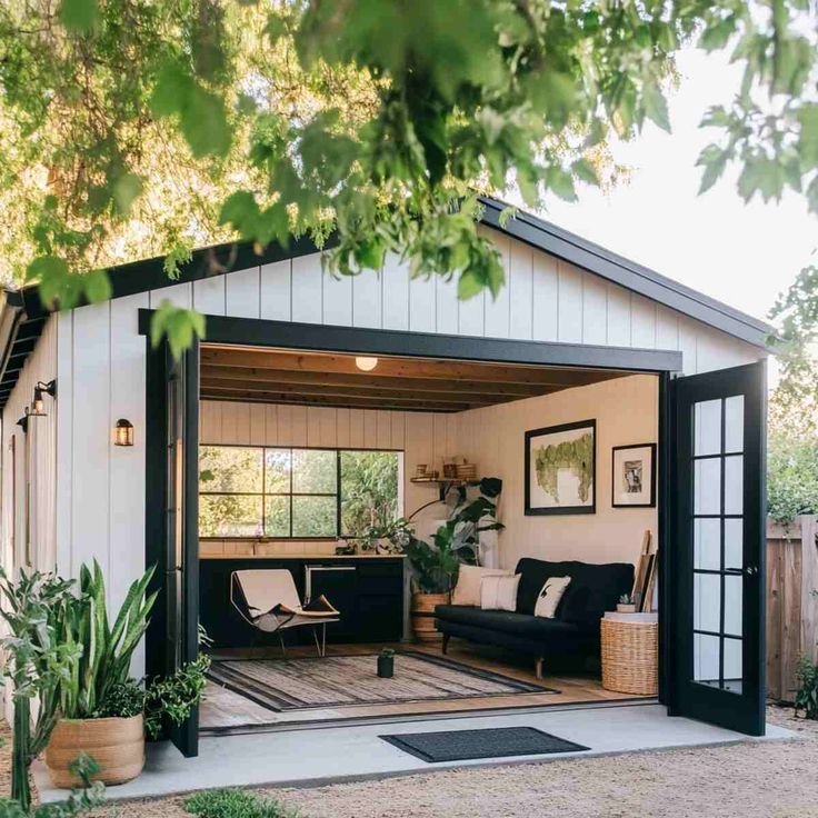 Open sliding barn door style doors leading into a cozy indoor space with a black sofa, white cushions, and wall art, with plants and natural light.