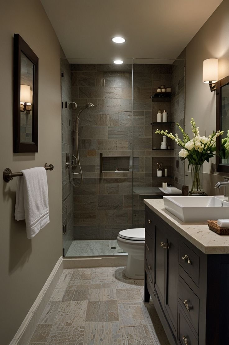 A modern bathroom with a walk-in shower, toilet, and vanity. The shower has dark tile walls, a glass door, and a handheld showerhead. The vanity has a vessel sink, a flower arrangement, and a mirror. The bathroom has beige tile floors, a towel rack with a white towel, and wall-mounted lights.