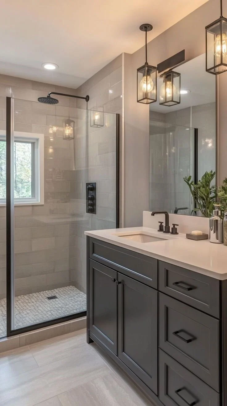 Modern bathroom with walk-in shower, glass enclosure, black fixtures, white vanity with black hardware, large mirror, and pendant lighting.