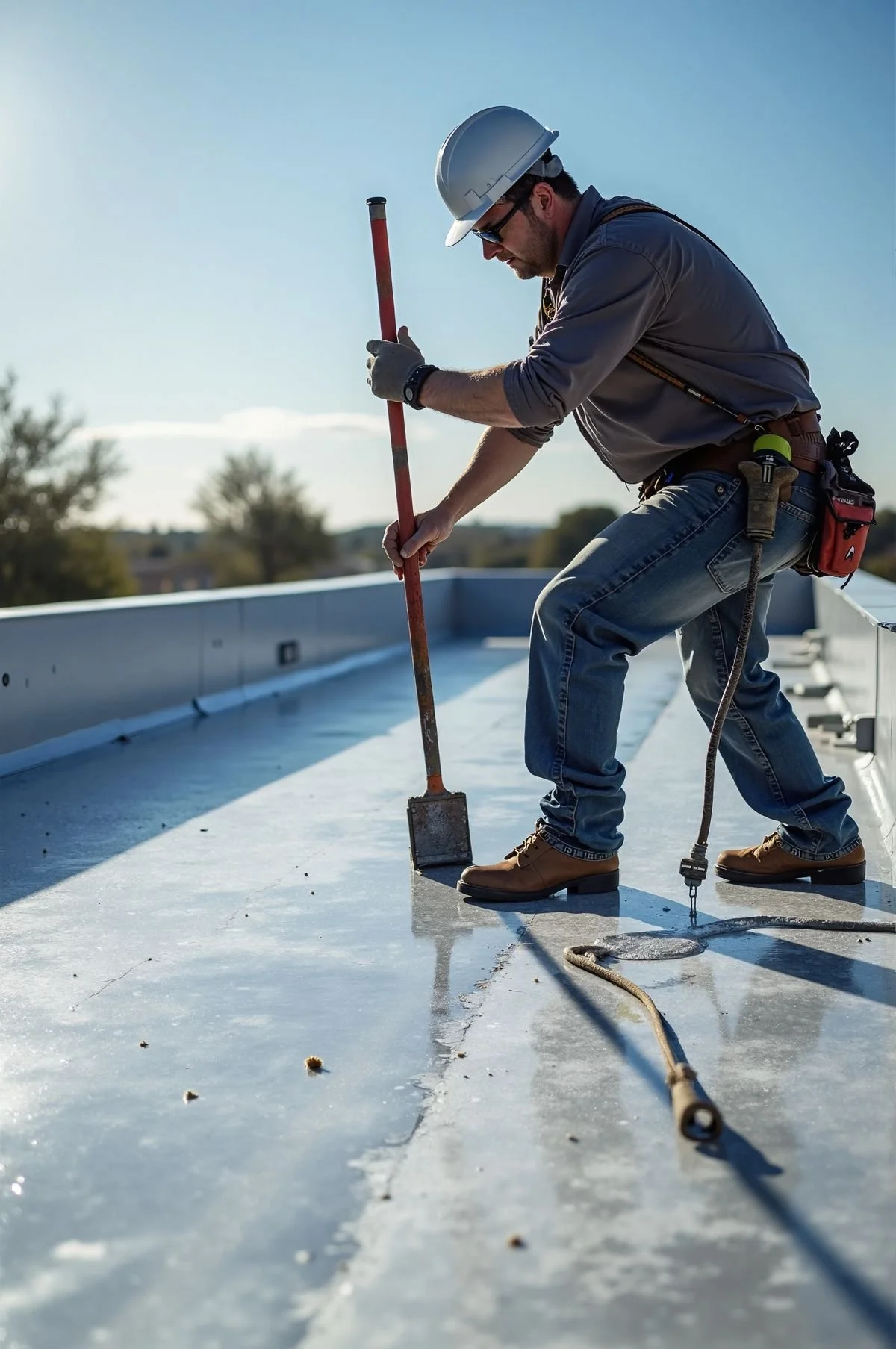 Construction worker in a safety helmet and gloves using a tool to inspect a flat roof.
