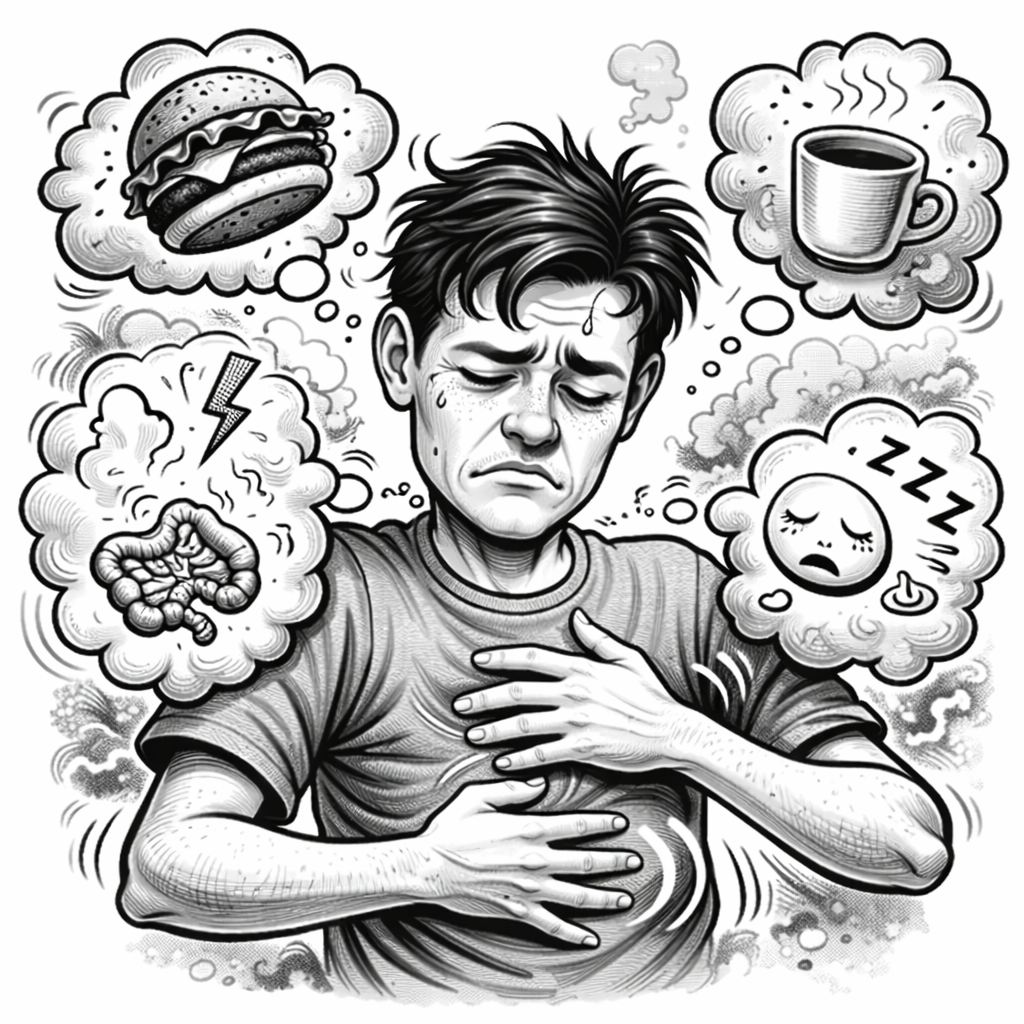 A person appears distressed and overwhelmed, surrounded by thought bubbles depicting food cravings, a coffee cup, stomach pain, fatigue, and sleep.
