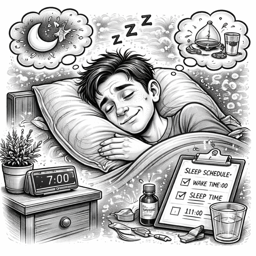 A young boy sleeping peacefully in bed, with a sleep schedule chart, alarm clock showing 7:00, and various sleep-related items nearby. Thought bubbles show dreams of moon, stars, and sleeping food.