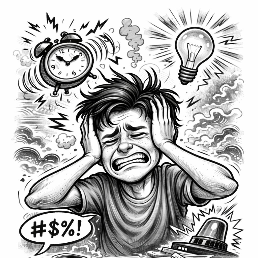 A distressed young boy holding his head with both hands, surrounded by a clock, a light bulb, steam, clouds, and a police siren, illustrating stress about time and ideas.