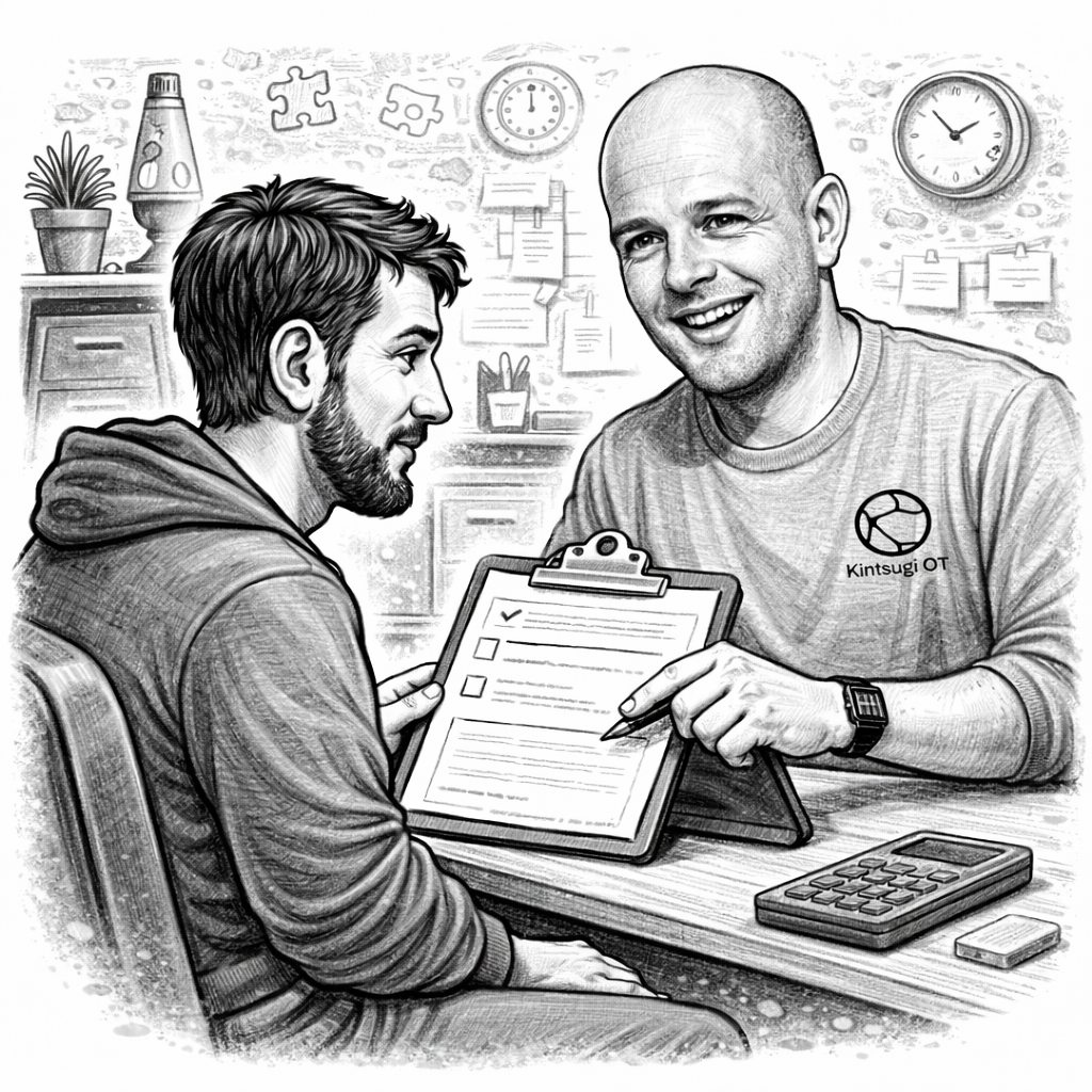 A therapist and a client sitting across a table in a therapy session, with the therapist smiling and pointing at a tablet with a checklist, in a cozy office with clocks and notes on the wall.