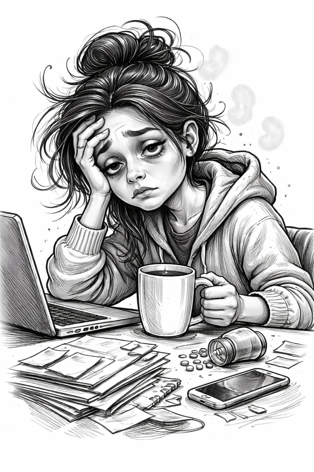 A stressed young woman with disheveled hair, sitting at a cluttered desk with a laptop, a coffee mug, medication bottles, pills, and a smartphone, holding her head in her hand.