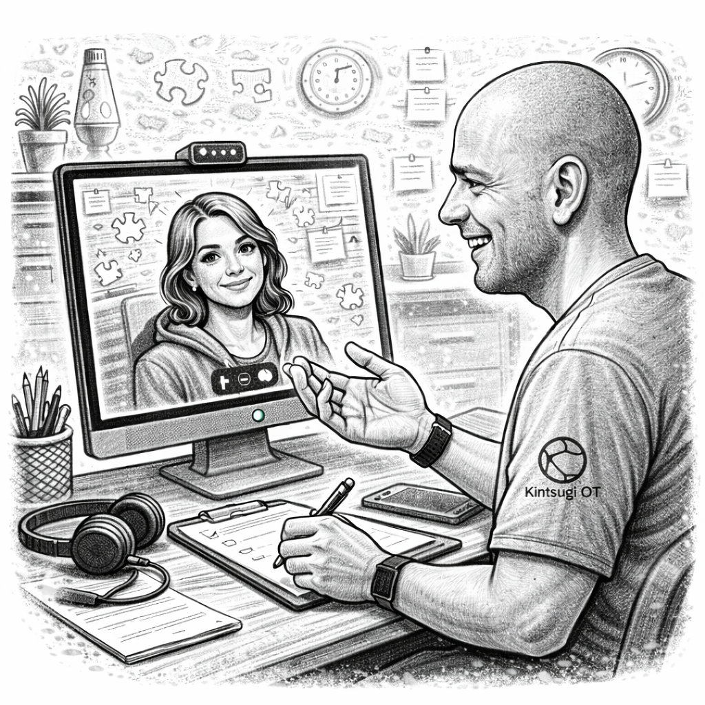 A man with a shaved head and beard smiling during a video call with a young woman on a computer screen. The man is sitting at a desk with a notepad, pen, headphones, and a smartphone. The background shows a wall with clocks, plants, and sticky notes.