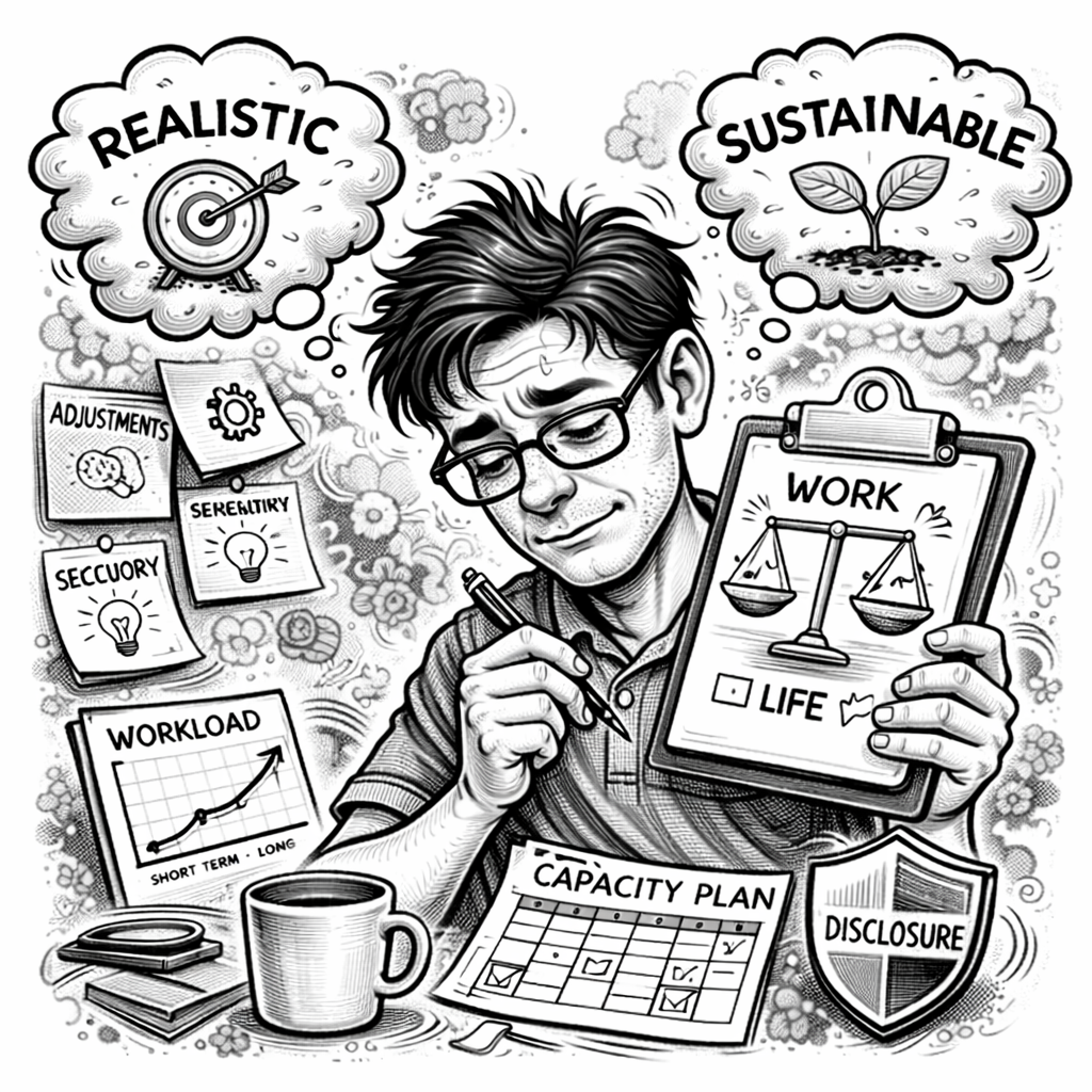 A man with glasses writing on a clipboard labeled 'Work' with a scale balancing 'Life'. Surrounding him are notes on adjustments, secrecy, workload increase over time, a capacity plan, and a shield labeled 'Disclosure'. Two thought bubbles above him say 'Realistic' with a target and arrow, and 'Sustainable' with a plant growing in soil.