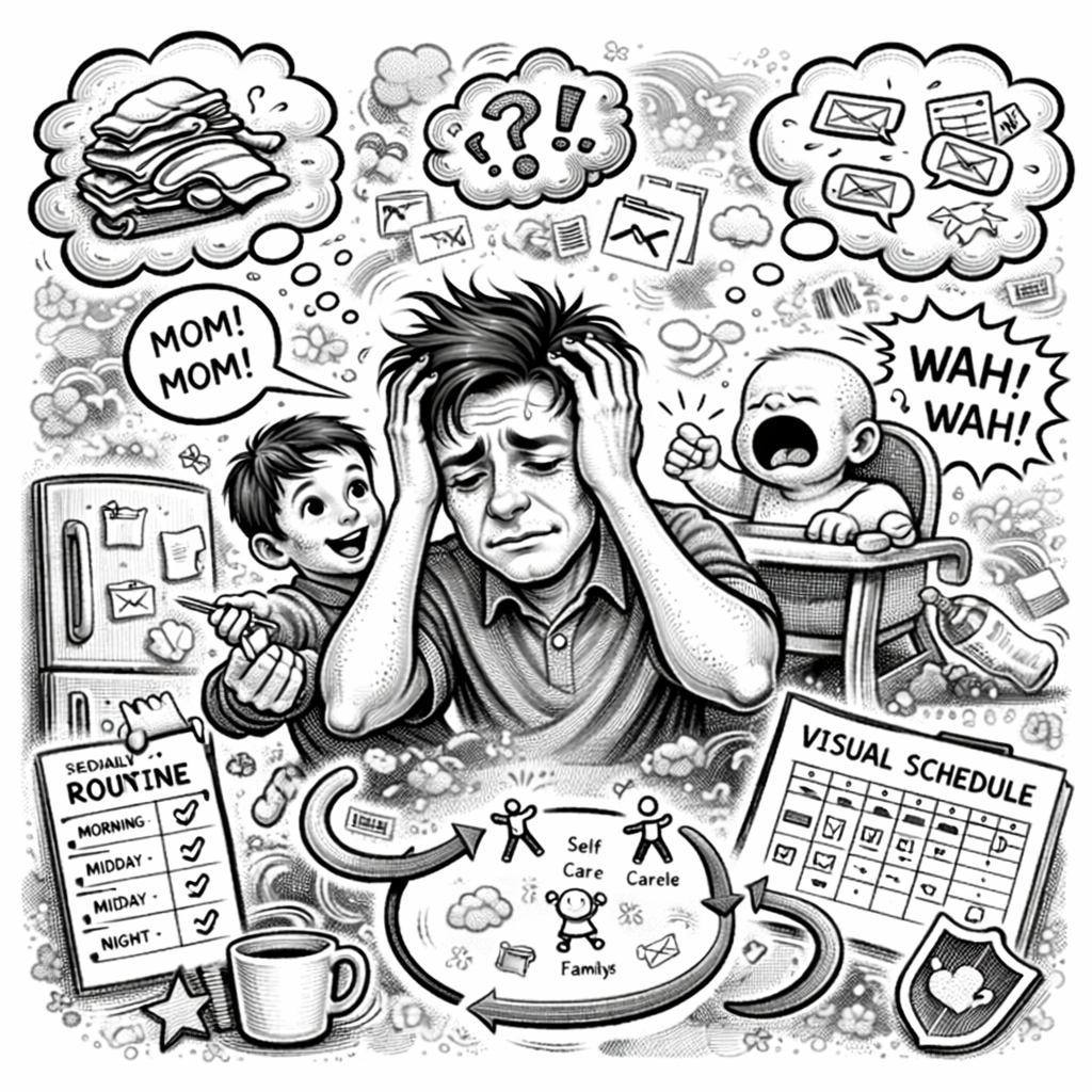 A black and white illustration of a stressed father with children, surrounded by chaotic elements such as laundry, schedule, and emails, depicting overwhelming responsibilities and mental clutter.