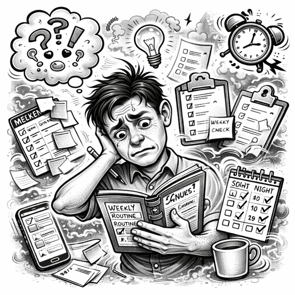 A stressed man surrounded by cluttered apps, checklists, and clocks, holding an open planning book with the words 'Weekly Routine' and 'Snakes?' written inside, signs of busy schedule and confusion.