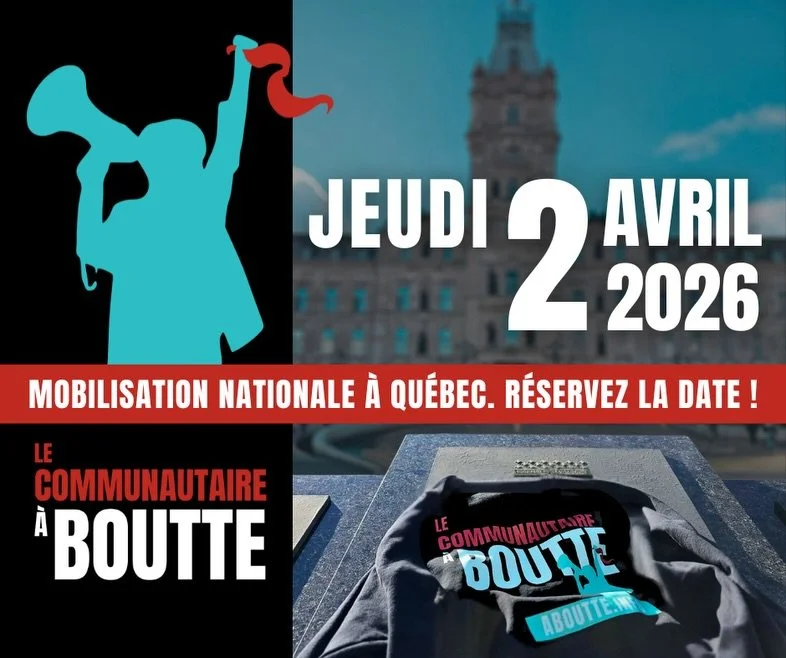 Club Ami sera en gr&egrave;ve jeudi le 2 avril pour participer &agrave; la manifestation nationale du mouvement @lecommunautaireaboutte &agrave; Qu&eacute;bec

Club Ami sera donc ferm&eacute; toute la journ&eacute;e ce jeudi.

Pour vous inscrire &agr