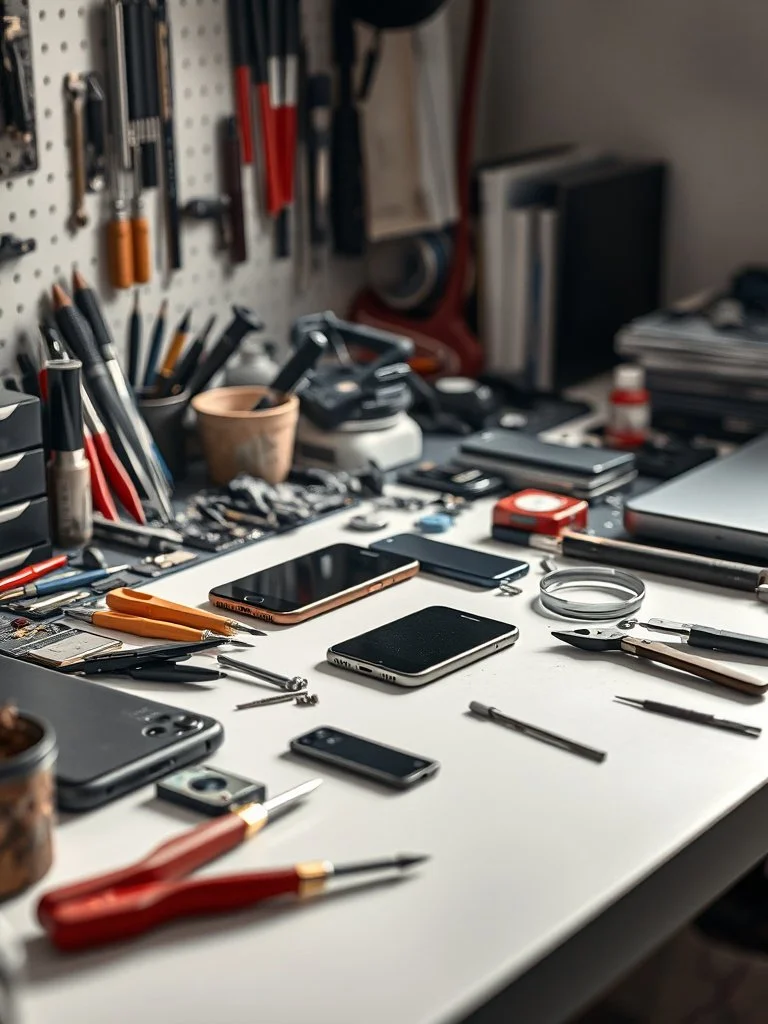 A cluttered workbench with various tools, smartphones, and office supplies on a white surface.