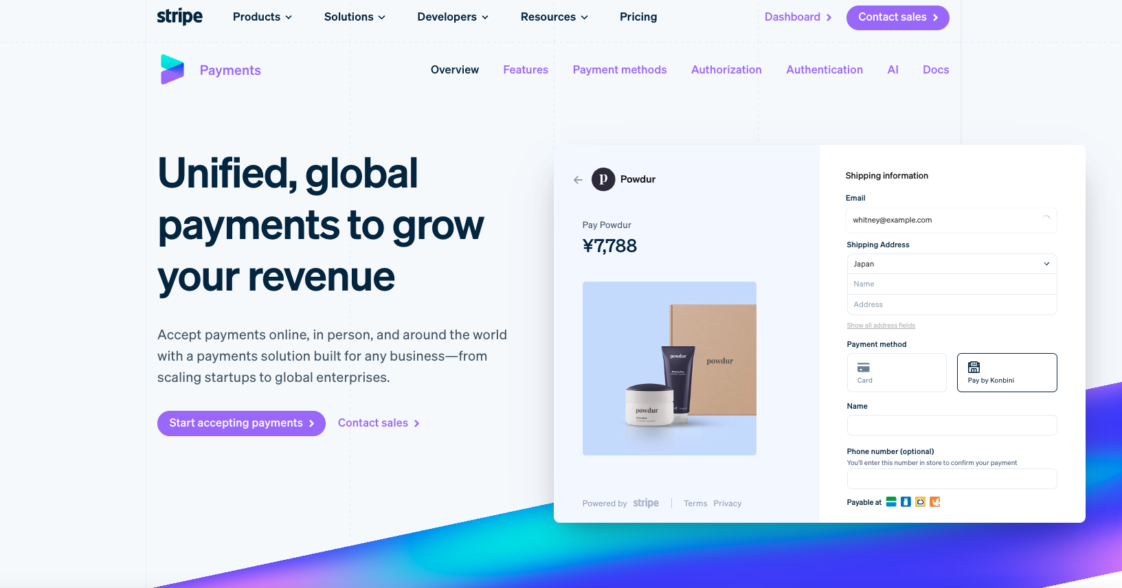 Stripe website page showcasing global payment solutions with a focus on accepting payments online and round the world. The page features a product called Powder, which costs ¥7,788, and includes a form for entering shipping information and payment details. The design uses purple buttons, blue gradients, and a clean layout with navigation links for Products, Solutions, Developers, Resources, and Pricing.