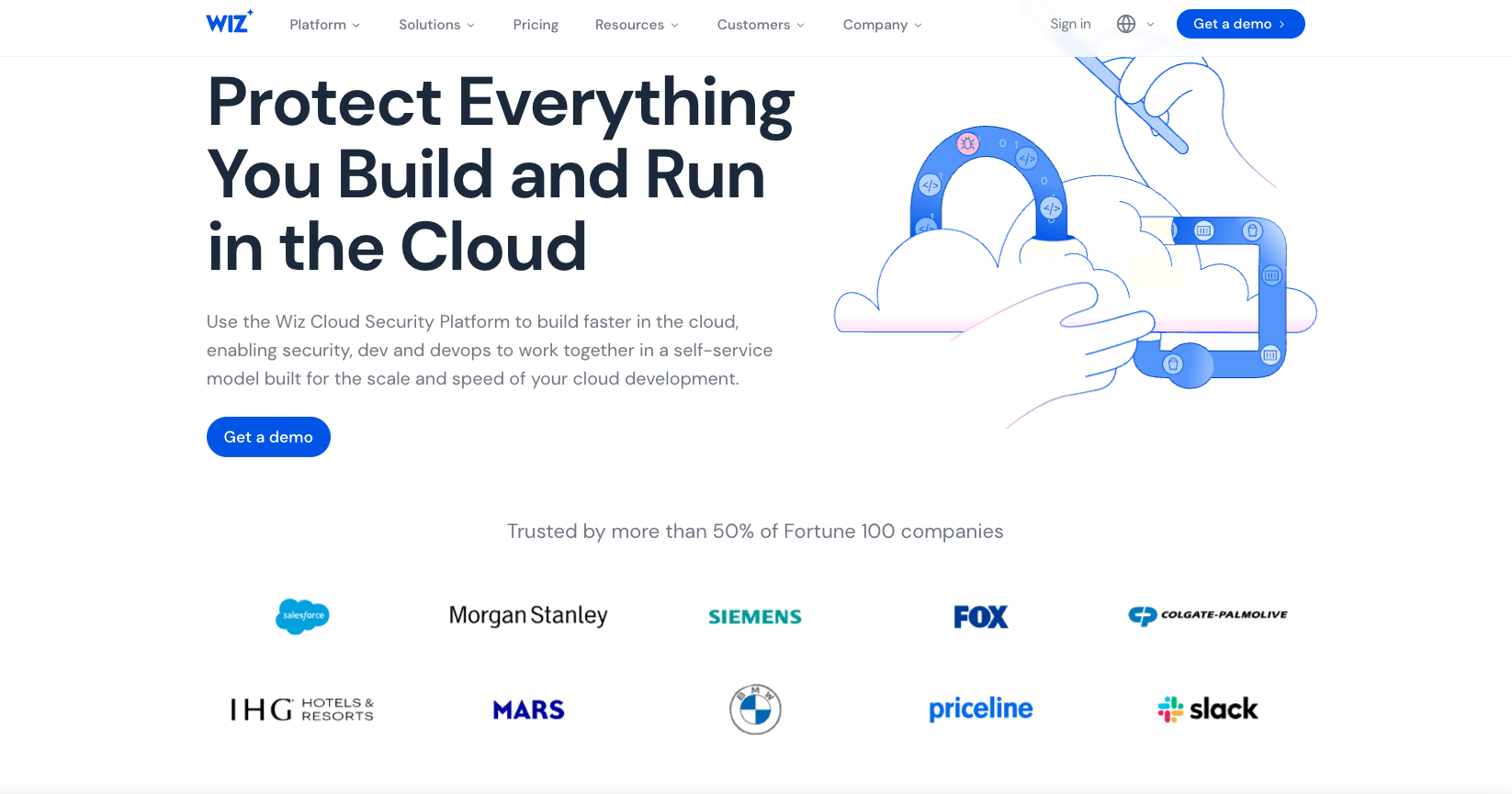 Wiz website homepage promoting cloud security platform with an illustration of hands holding a cloud and a smartphone, and logos of companies like Salesforce, Morgan Stanley, Siemens, Fox, Colgate-Palmolive, IHG, Mars, BMW, Priceline, and Slack.