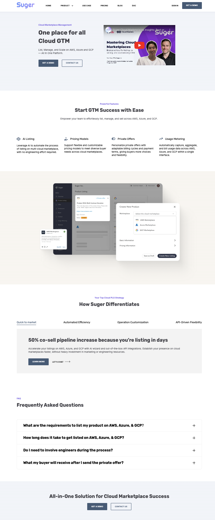 Screenshot of Suger cloud marketplace platform webpage featuring cloud marketplace management tools, product listing interface, and FAQs.