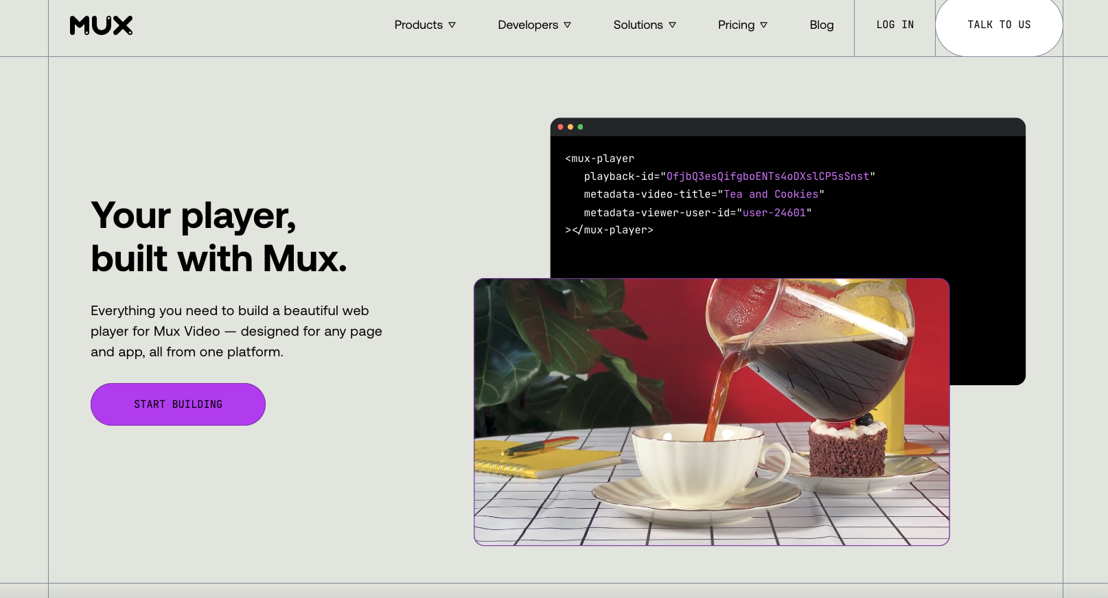 A webpage for Mux Video showing a section with the text "Your player, built with Mux" and a purple button labeled "Start Building." There is an overlapping image of a tea cup on a table, with coffee or tea being poured from a glass pot into the cup, and a slice of cake on a plate nearby.