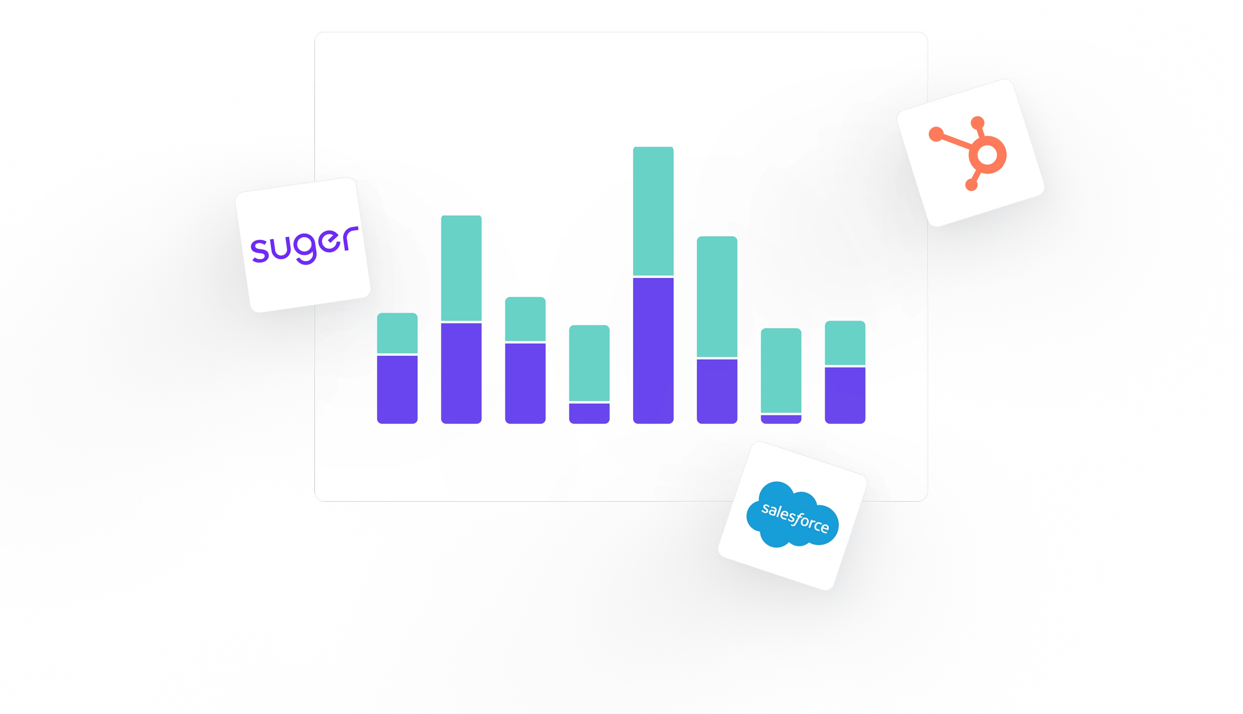 A digital bar chart with multiple colored bars displayed on a white background. Surrounding the chart are floating logos for Suger, HubSpot, Salesforce, and a cloud icon.