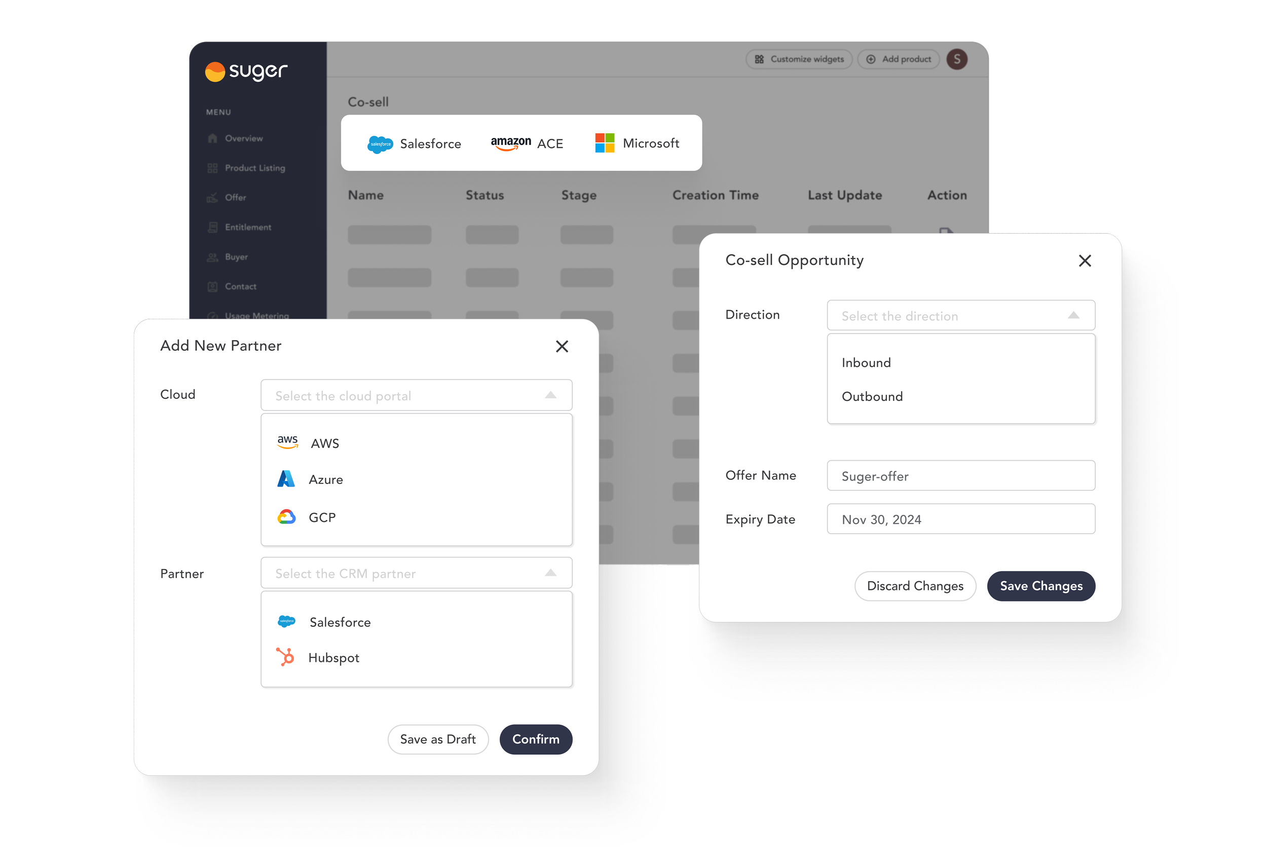 Screenshot of a web application interface showing sections for managing co-sell opportunities, with options to add new partners from cloud platforms like AWS, Azure, Google Cloud, and partners like Salesforce and Hubspot. The interface includes details such as interview status, creation time, last update, and actions, along with buttons to save or discard changes.